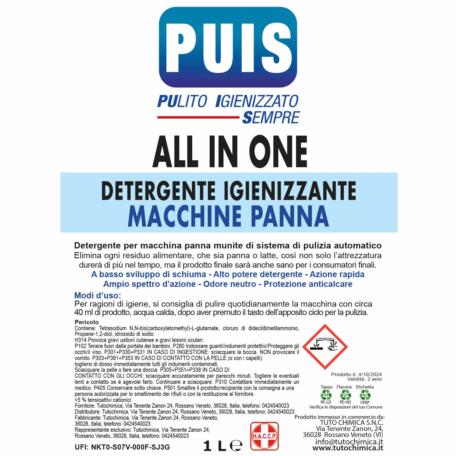 TUTO CHIMICA Detergente Igienizzante per Macchine Panna 1L, Scioglie Residui di Grasso e Proteine - Protezione Anticalcare