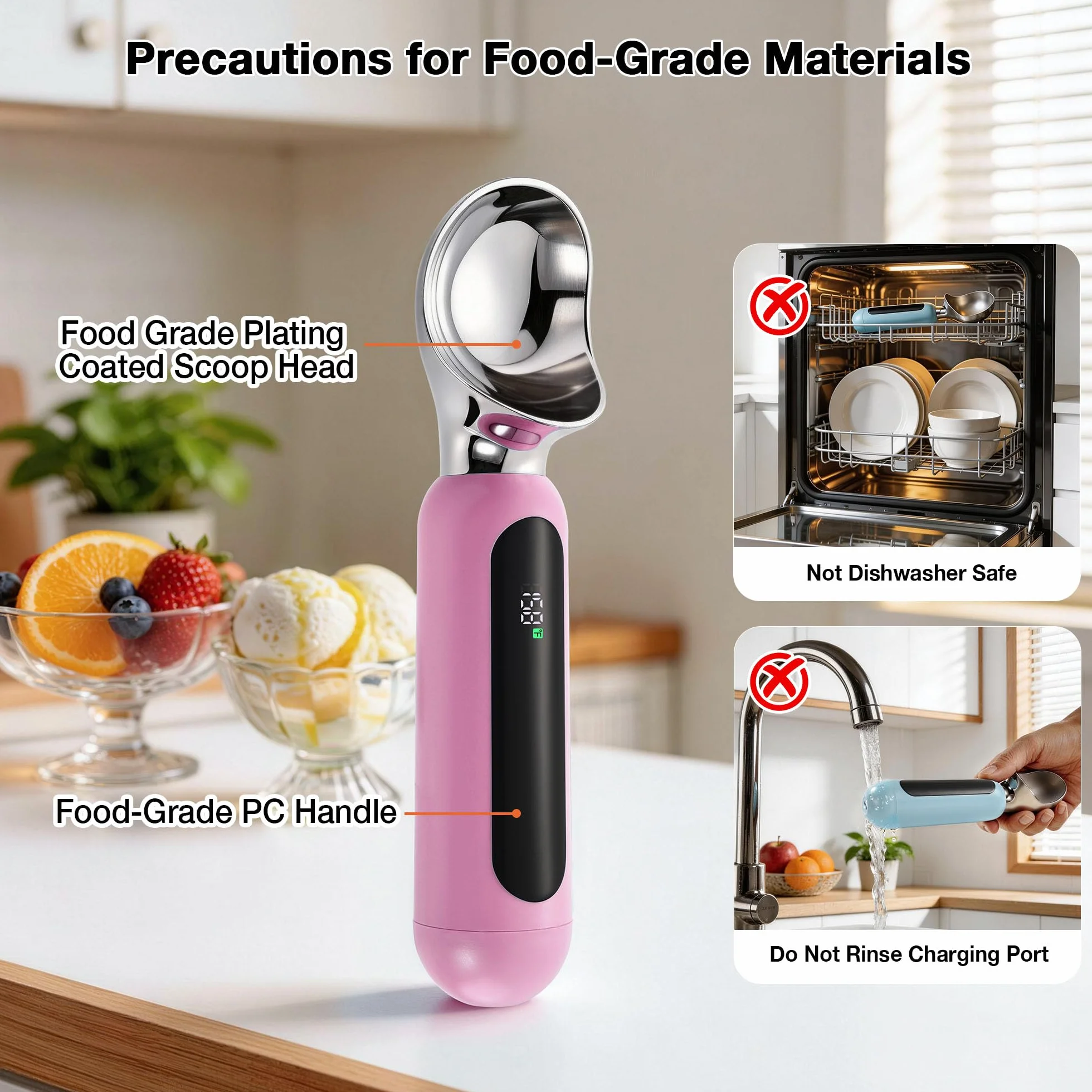 Paletta per gelato riscaldata, ricaricabile, elettrica, con display a LED, interruttore on/off, impermeabile IP67, riscalda fino a 70 °C, per gelato duro (rosa)