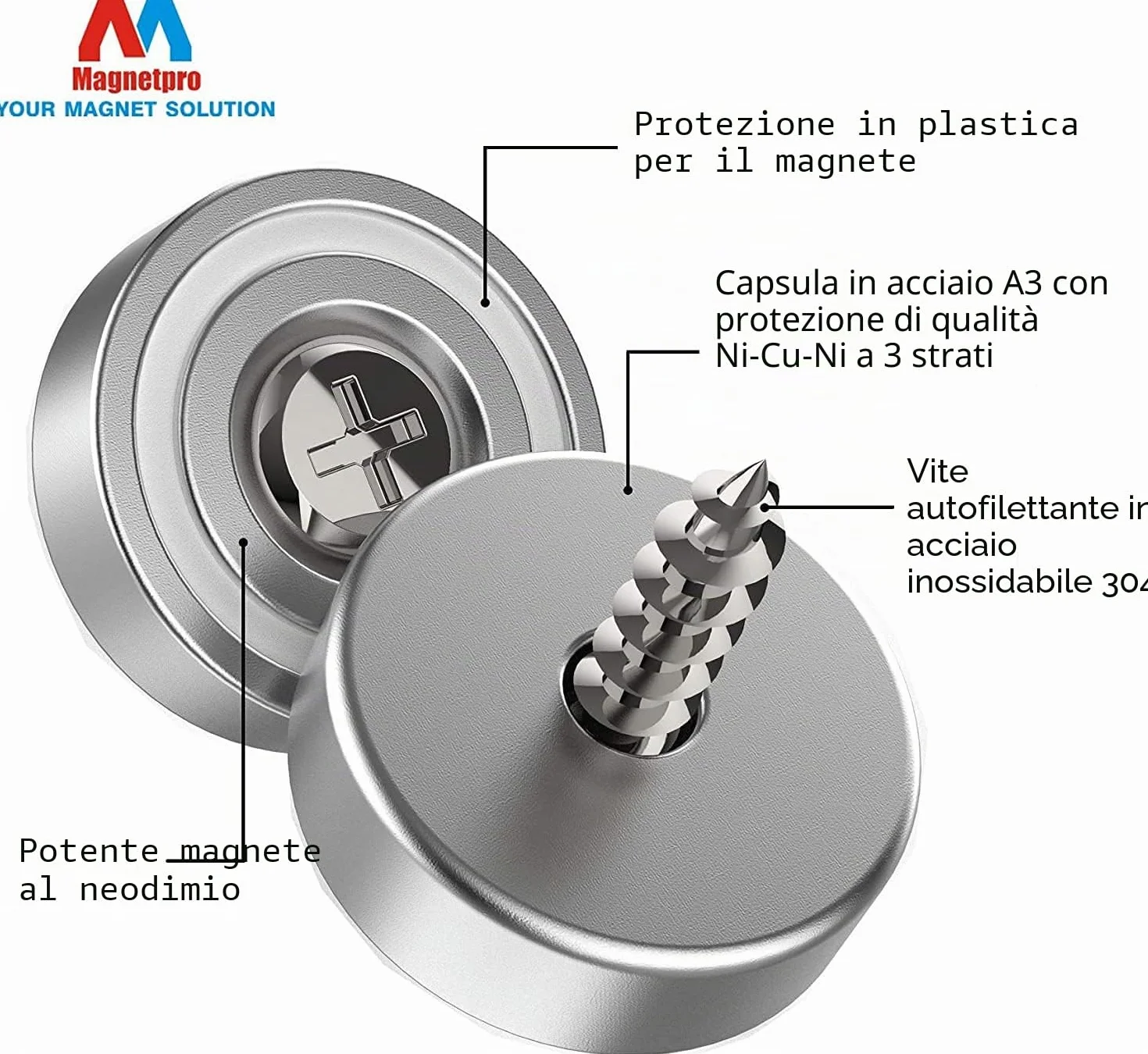 Magnetpro Set di 24 magneti da 10 kg Forza 20 x 7 mm con foro e capsula Magnete a testa svasata con vite