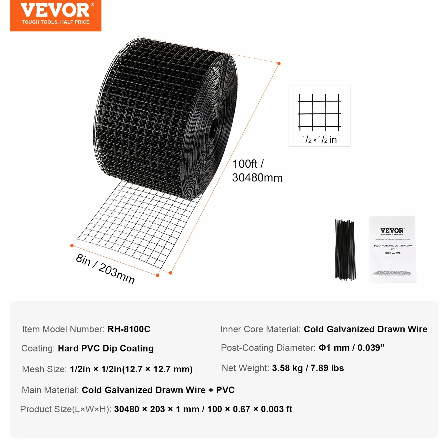 VEVOR Rotolo Griglia Protezione Pannello Solare 20,3 cm x 30,5 m Kit Rete Anti-Uccelli PVC Antiruggine 12,7 mm