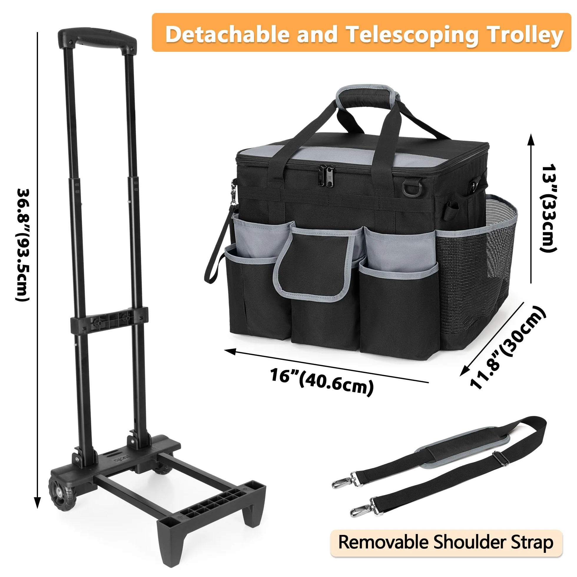 HODRANT Grande borsa per la pulizia su ruote con carrello rimovibile e coperchio, carrello organizer per la pulizia su rotelle, cuscino per la pulizia portatile con tracolla e maniglie, nero