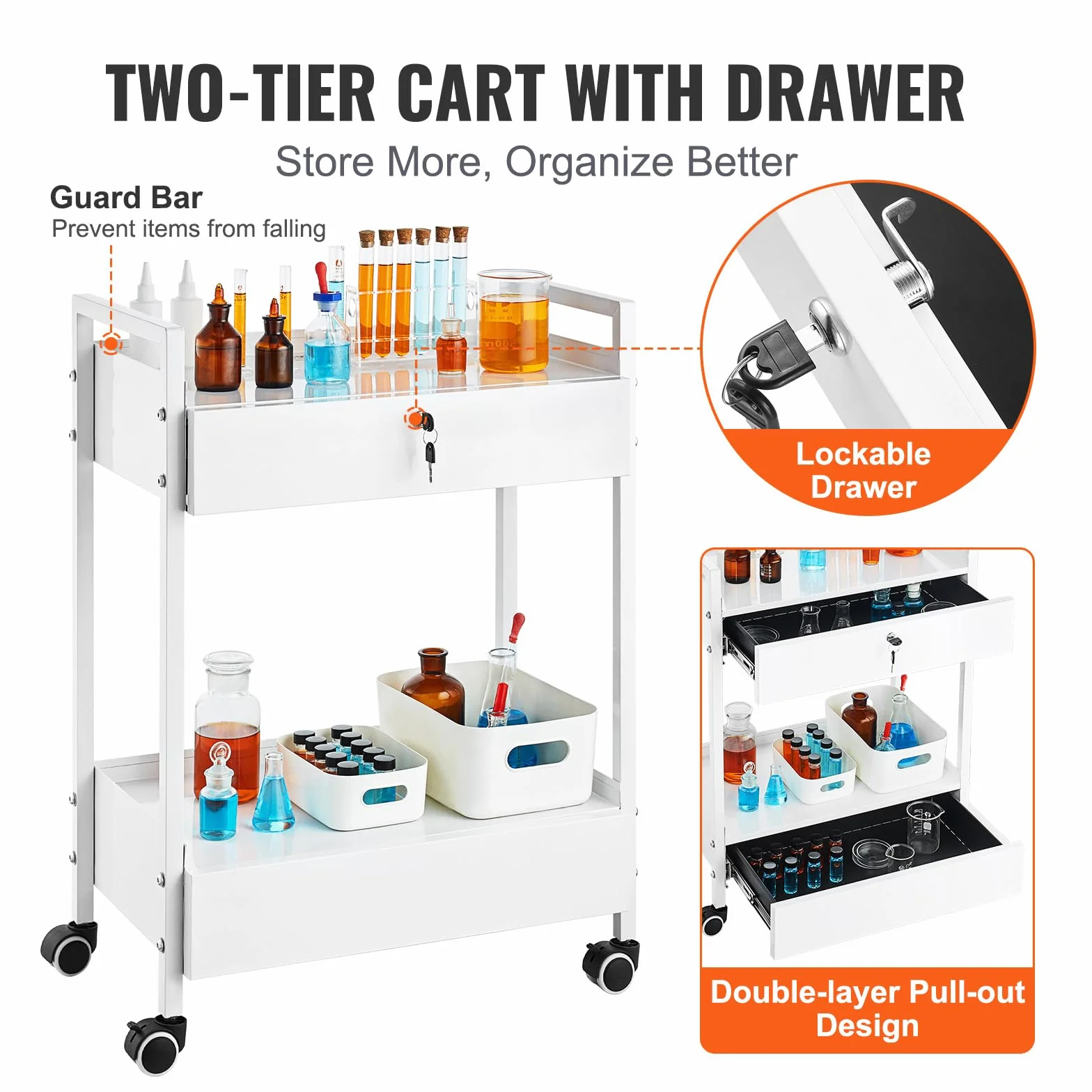 VEVOR Carrello da laboratorio in acciaio inox a 2 livelli con 2 cassetti e rotelle girevoli