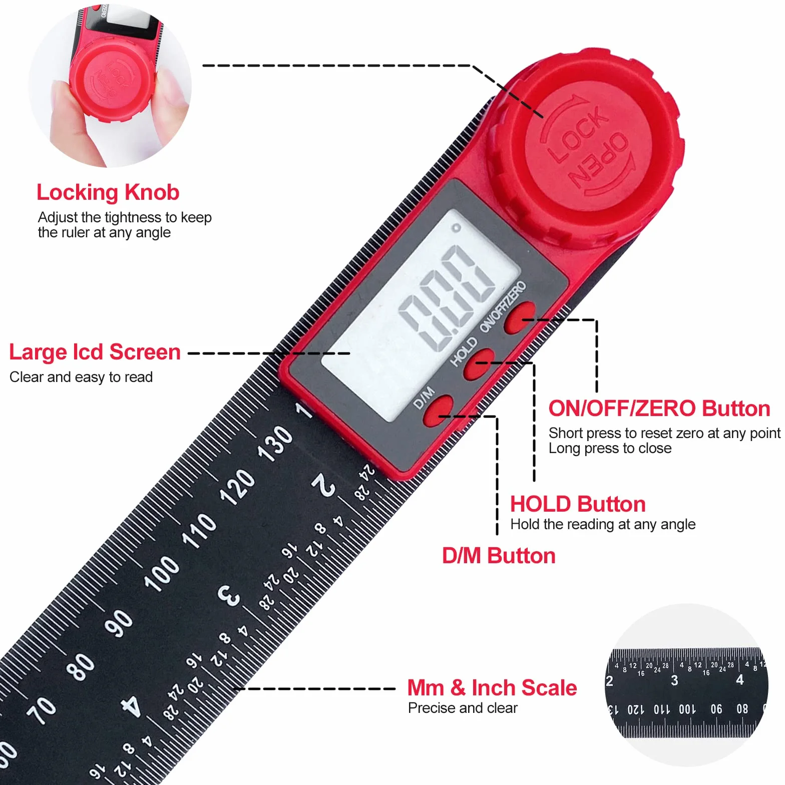 Newaner Gognometro Digitale 2 en 1 360 con Doppia Gradazione, 200 mm Misuratore Angoli con LCD e Funzione di Blocco, Righello per Ingegneria, Lavorazione del Legno, Costruzione e Misurazione, Nero