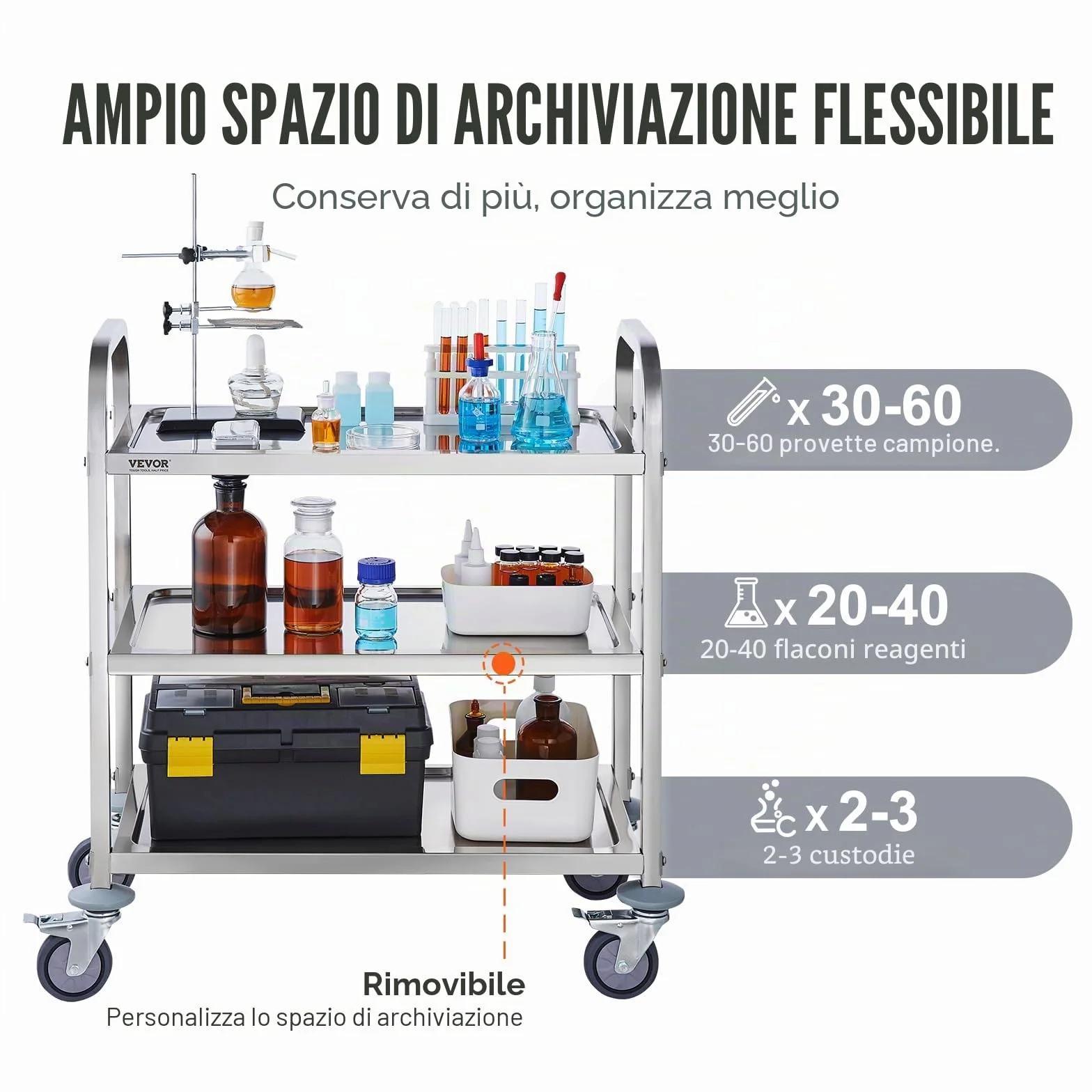 VEVOR Carrello da Laboratorio in Acciaio Inox 3 Ripiani 100 kg 740x396x860 mm