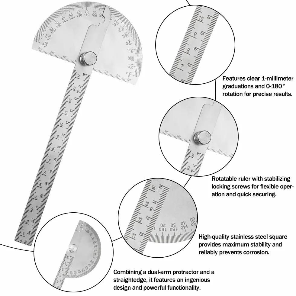 Goniometro in Acciaio Inox 0-180° con Vite di Bloccaggio Regolabile 3 Pezzi Universale