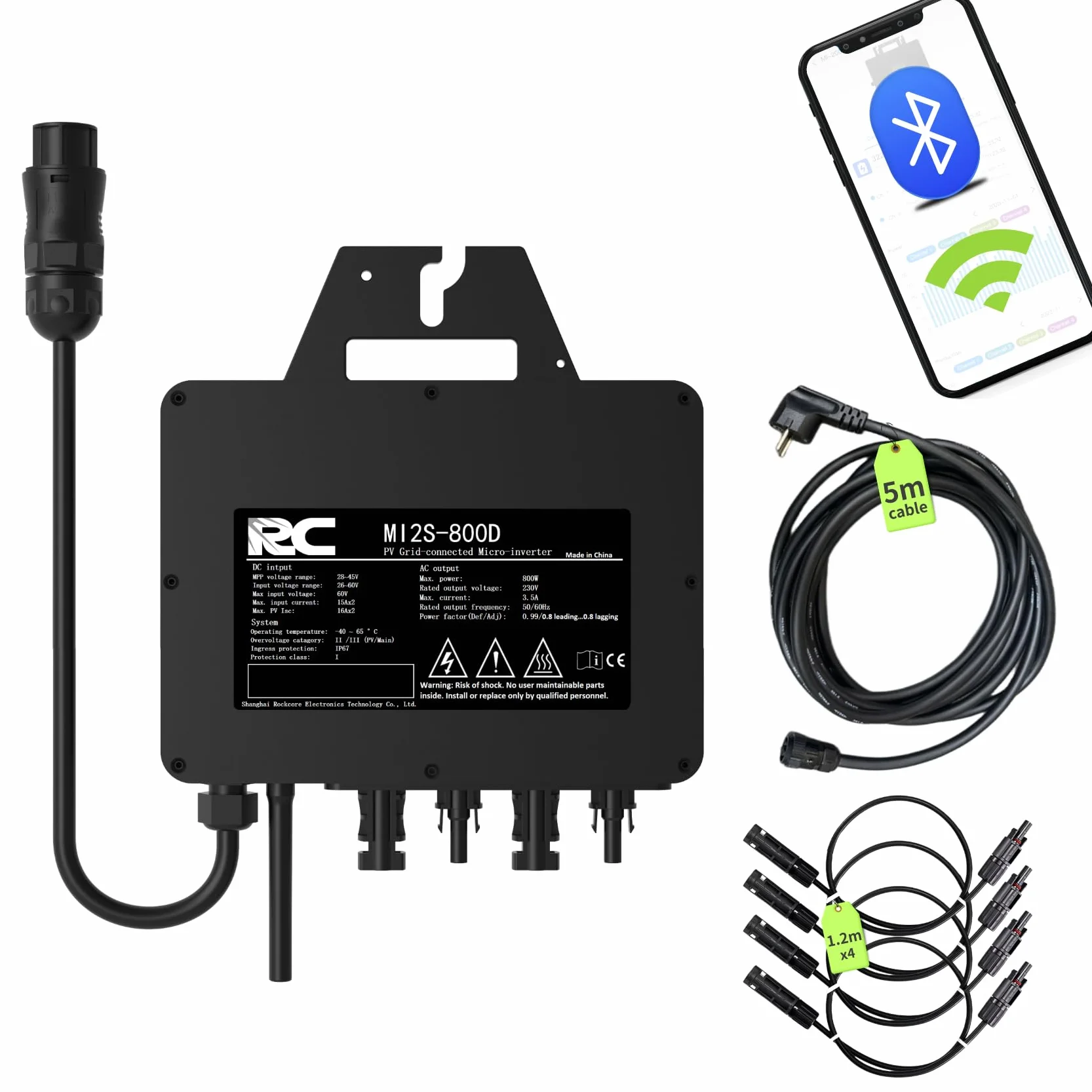 RC Invertere Micro 800W, Certificato CE, Gamma di Ingresso CC 26-60 V, Inverter Solare MPPT, Controllo dell’app tramite Wi-Fi, Adatto per Sistemi Solari su Balconi, IP67