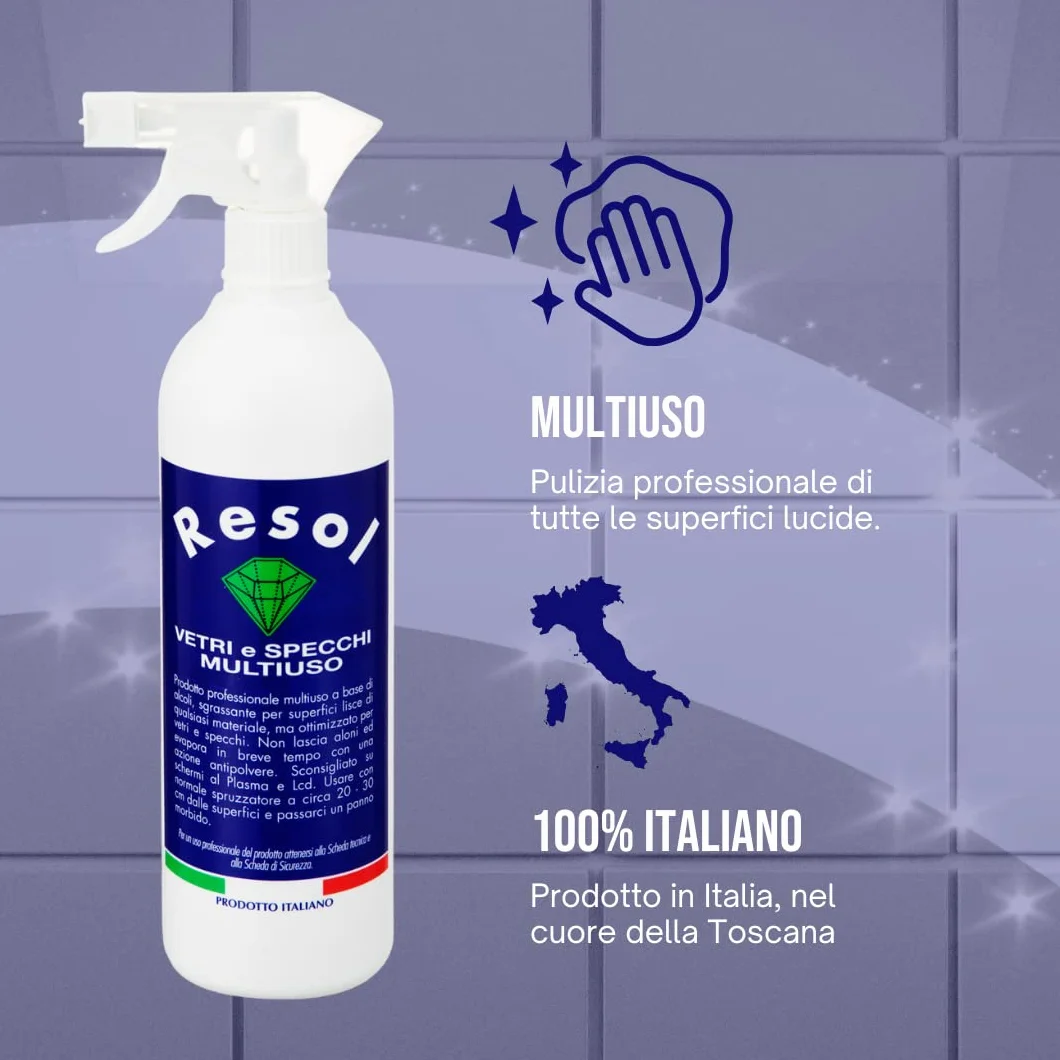 RESOL Spray vetri 750ml Detersivo vetri Igienizzante professionale Detergente vetri azione antipolvere