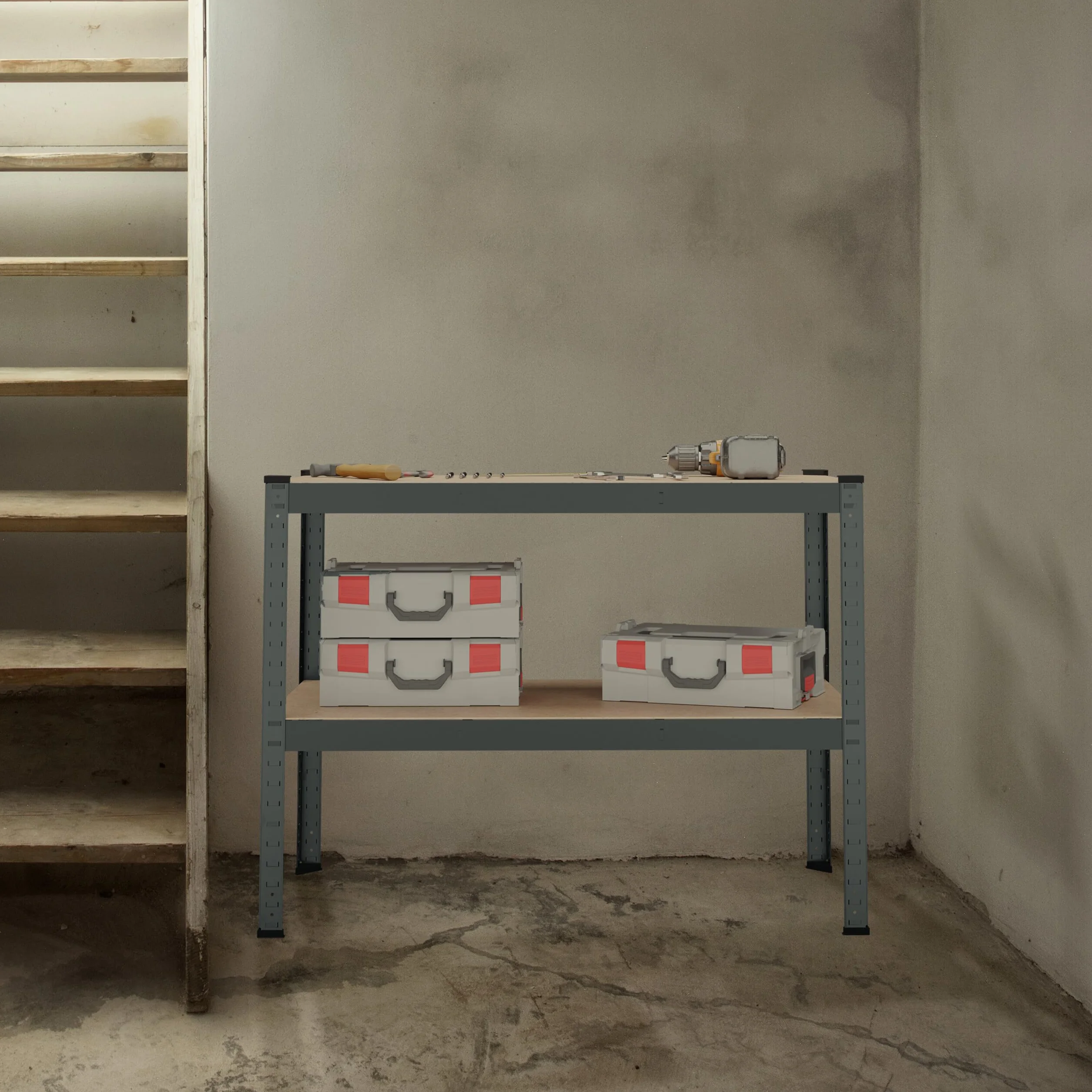 Relaxdays Banco da Lavoro Officina, HxLxP: 90x120x60 cm, 150 kg, Tavolo con 2 Ripiani Regolabili, Acciaio e MDF, Grigio