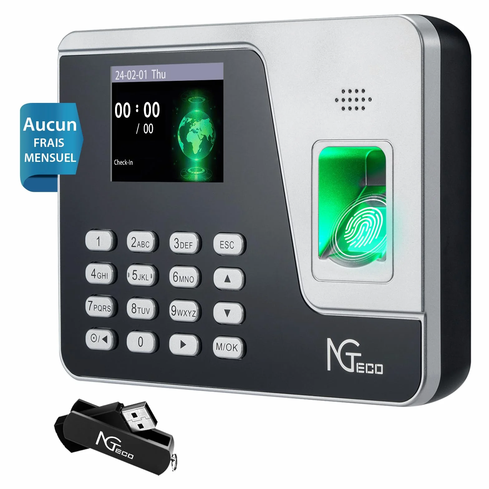 NGTeco Rilevatore Presenze con Modulo di Impronte Digitali, Funzione di Calcolo Automatico, Nessuna Tassa Mensile AS10（English）