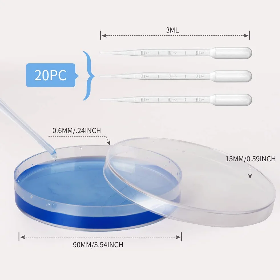 20 Pcs Plastica Piastra di Petri,Set Di Piastre Di Petri In Plastica Sterile Da(90 mmx15 mm) Con Coperchio,Ventilate Fornito Con 20 Pipette Di Trasferimento In Plastica(3ml)
