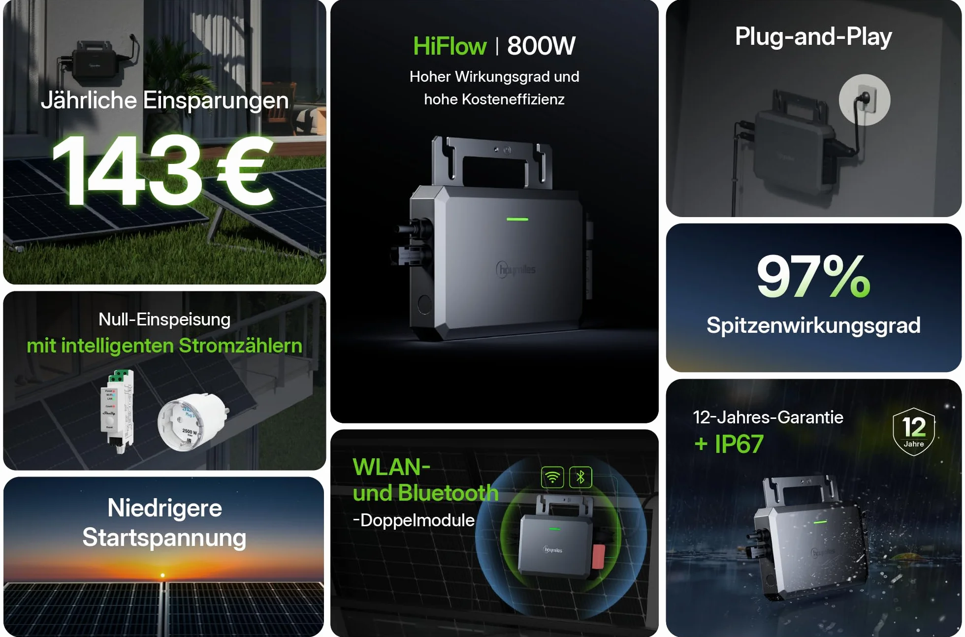 Hoymiles Micro inverter HF-800-WB, potenza 800VA, compatibile con WiFi e Bluetooth, Plug & Play