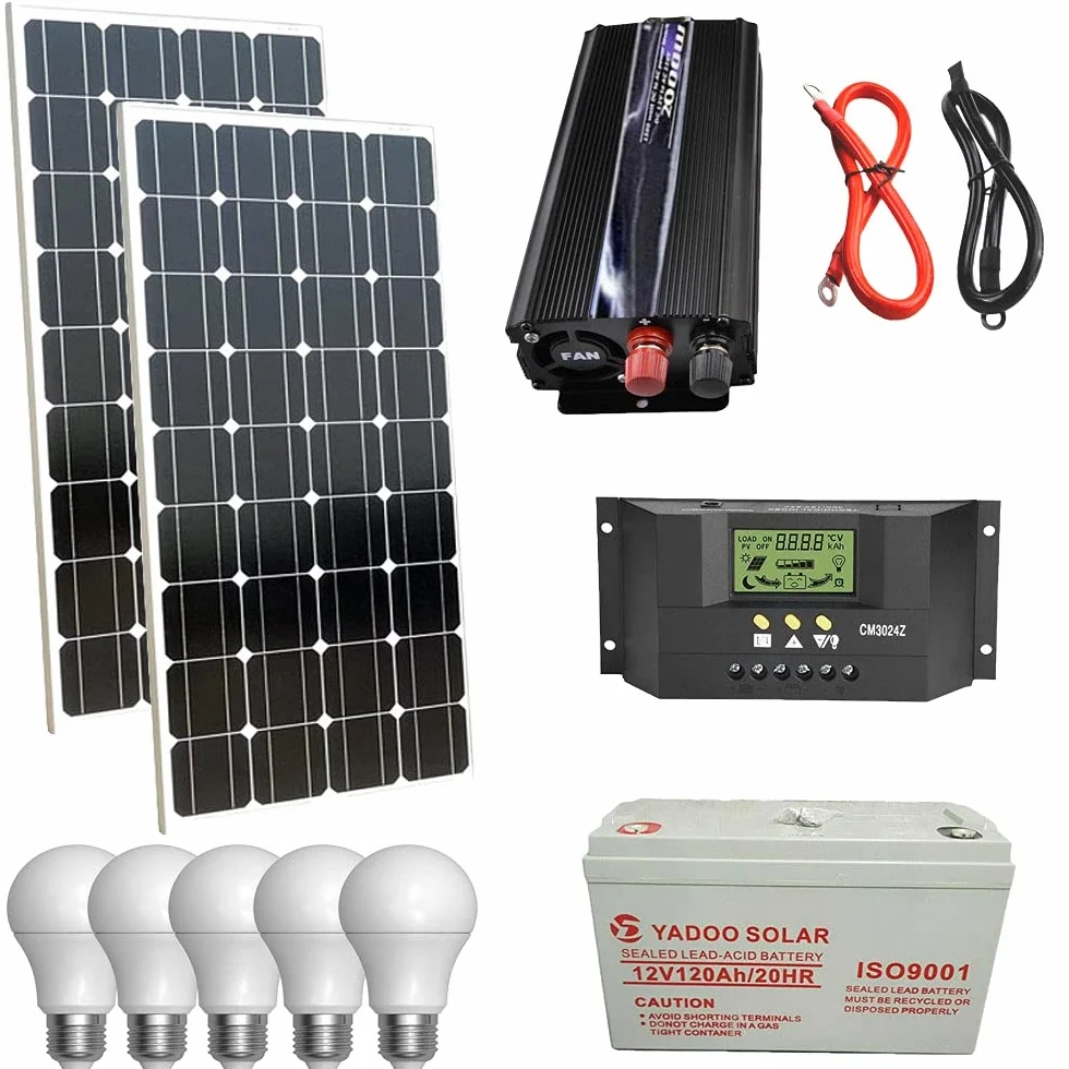 Kit Fotovoltaico 2 KW Pwm Inverter 2000W Pannello Solare 200W Batteria 120 AH 5 LAMPADINE 6 WATT LUCE FREDDA