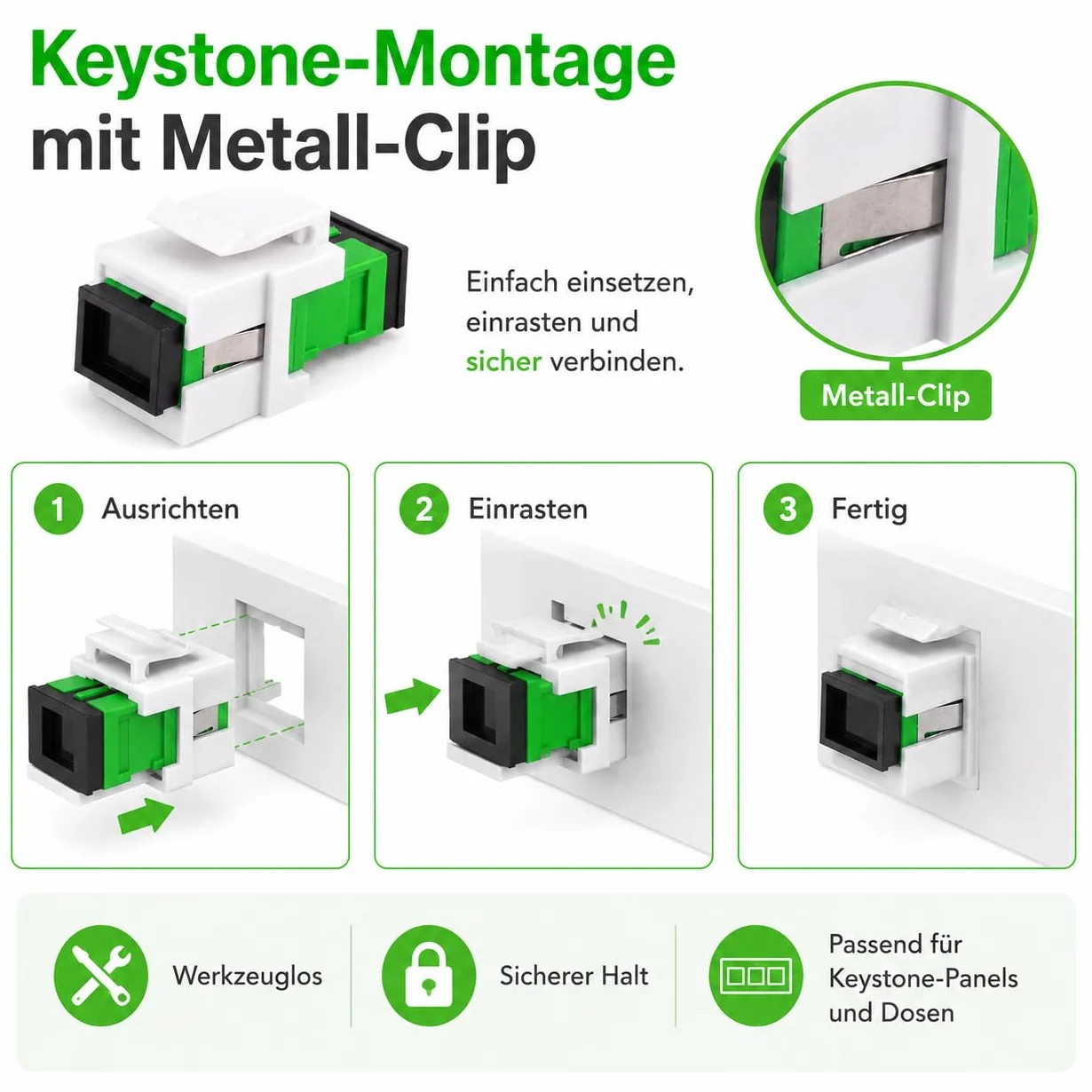 3 connettori Keystone fibra ottica OS1 OS2 APC SC-Simplex femmina monomodale verde
