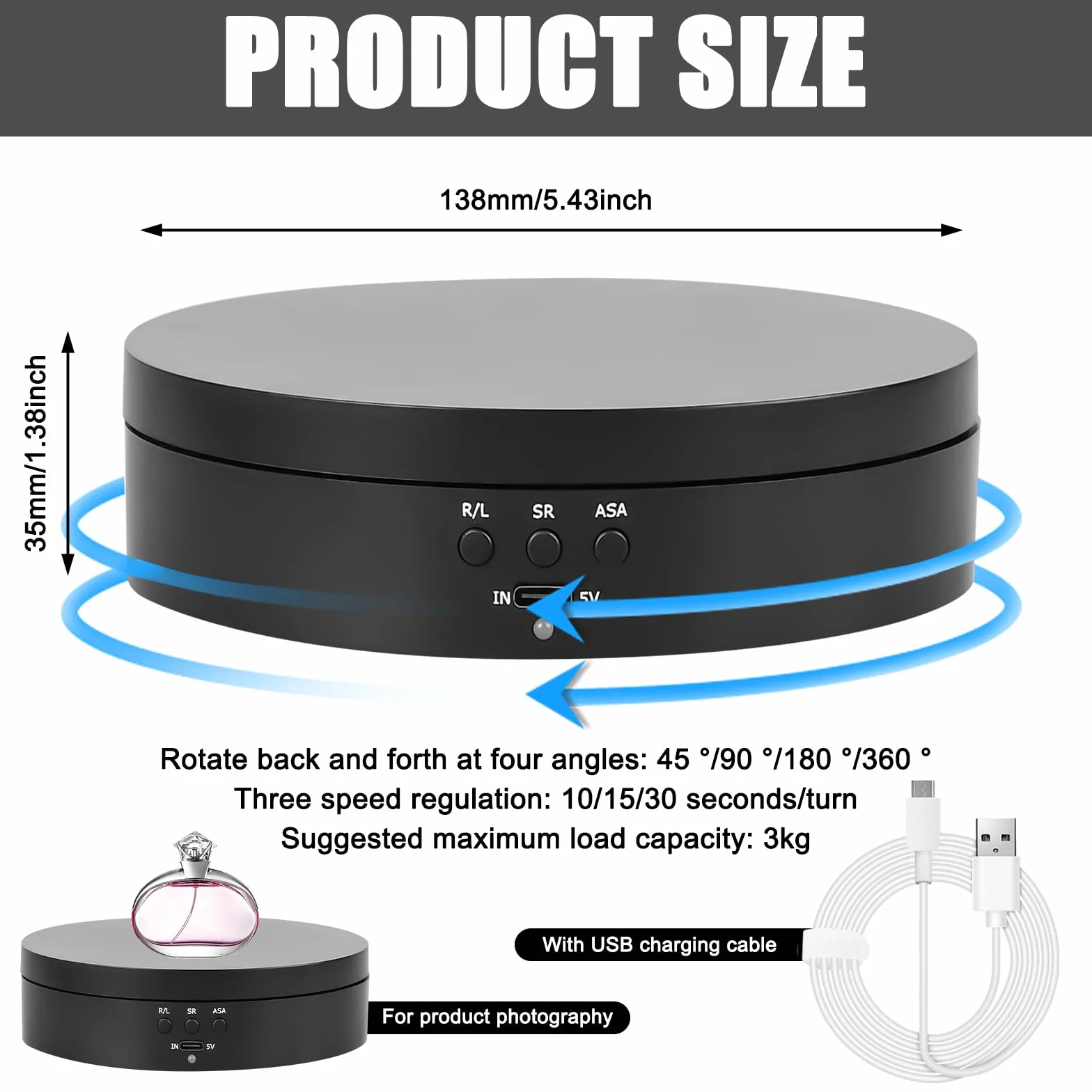 Elettrico: supporto per display girevole da 13,8 cm per fotografia, piattaforma di rotazione automatica a 360°, 3 velocità, ricarica USB