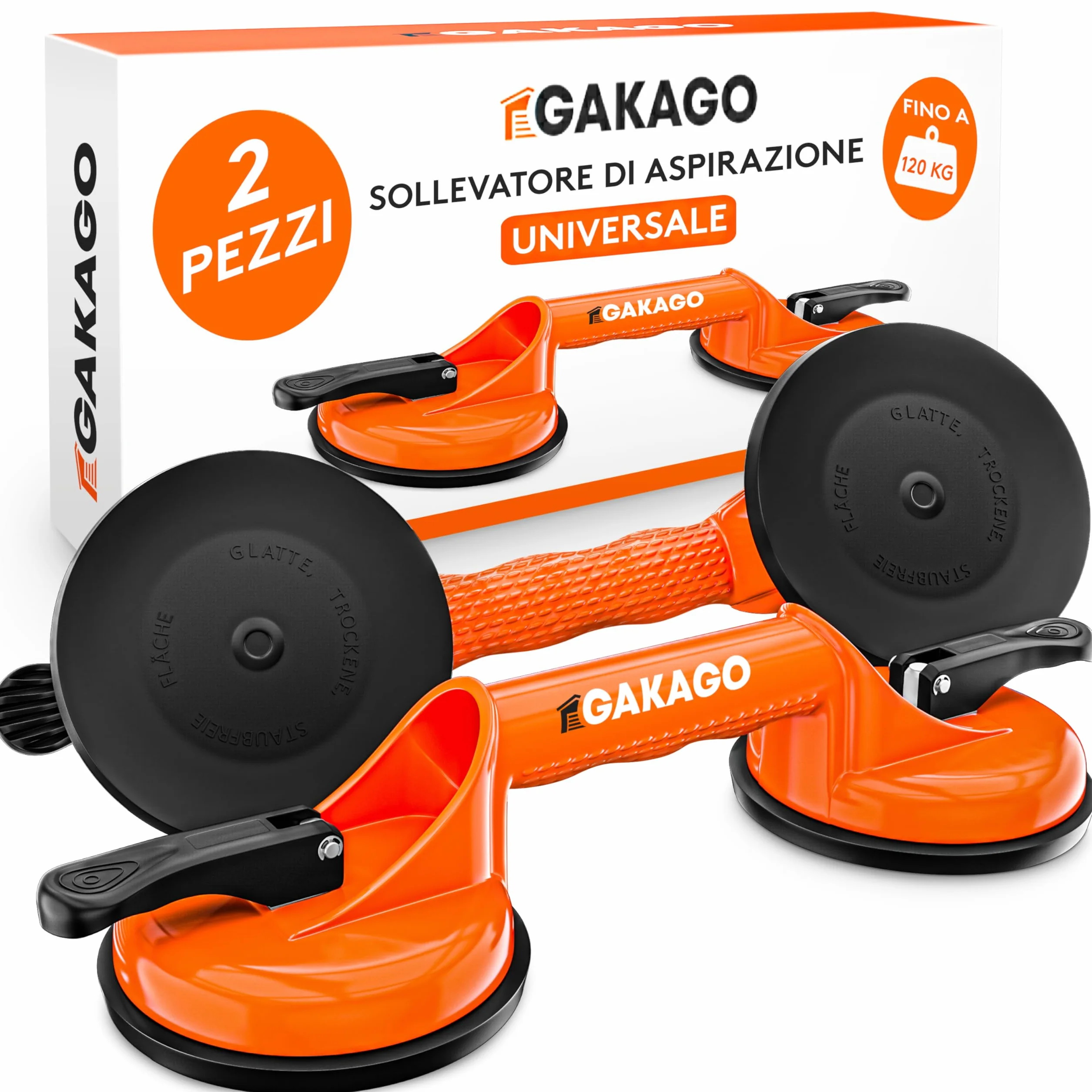 Gakago Sollevatore a ventosa (confezione da 2) - Maniglie di aspirazione ergonomiche e antiscivolo - Sollevatore a vuoto con portata di 120kg per il trasporto di piastrelle, laminato, vetri e finestre