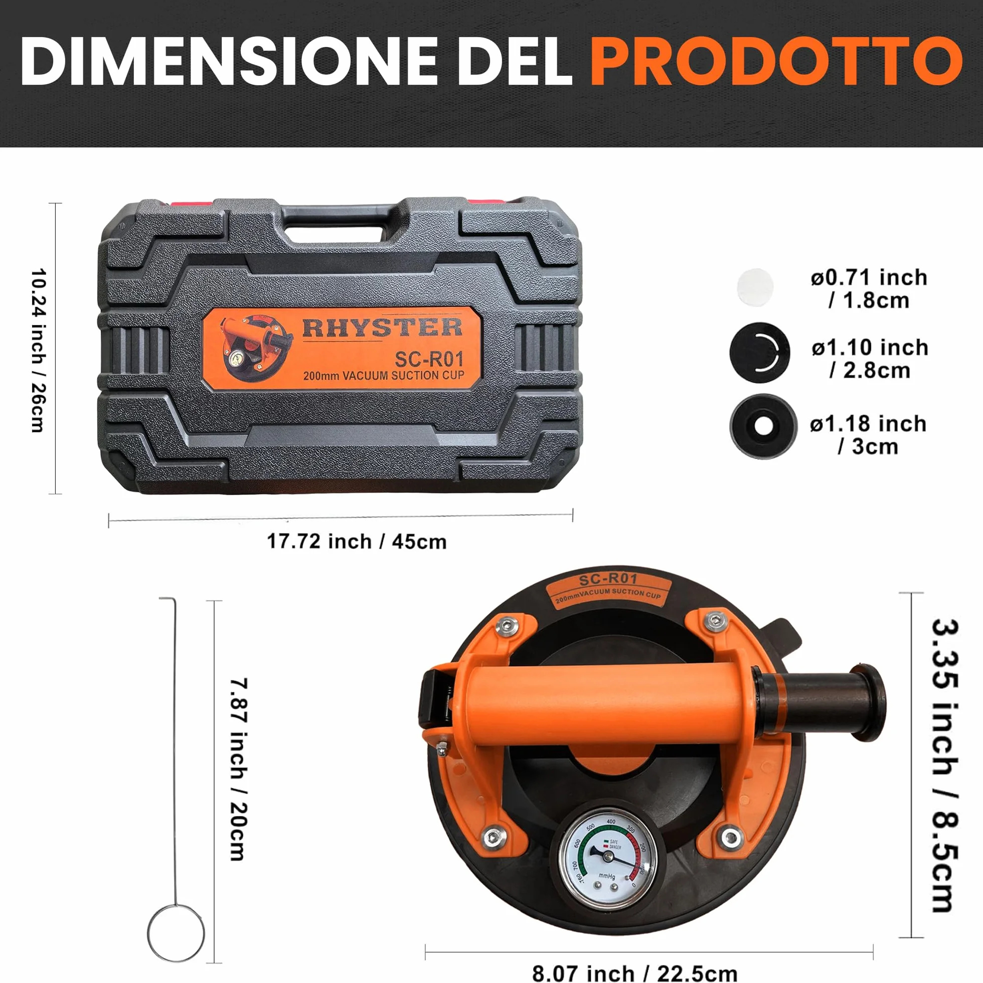 2 Ventose per Piastrelle con Manometro e Indicatore di Sicurezza, Diametro 200 mm, Supporto Fino a 320 kg, Ideale per Piastrelle, Vetri, Parabrezza, Mobili, Kit di Ricambio per Valvole