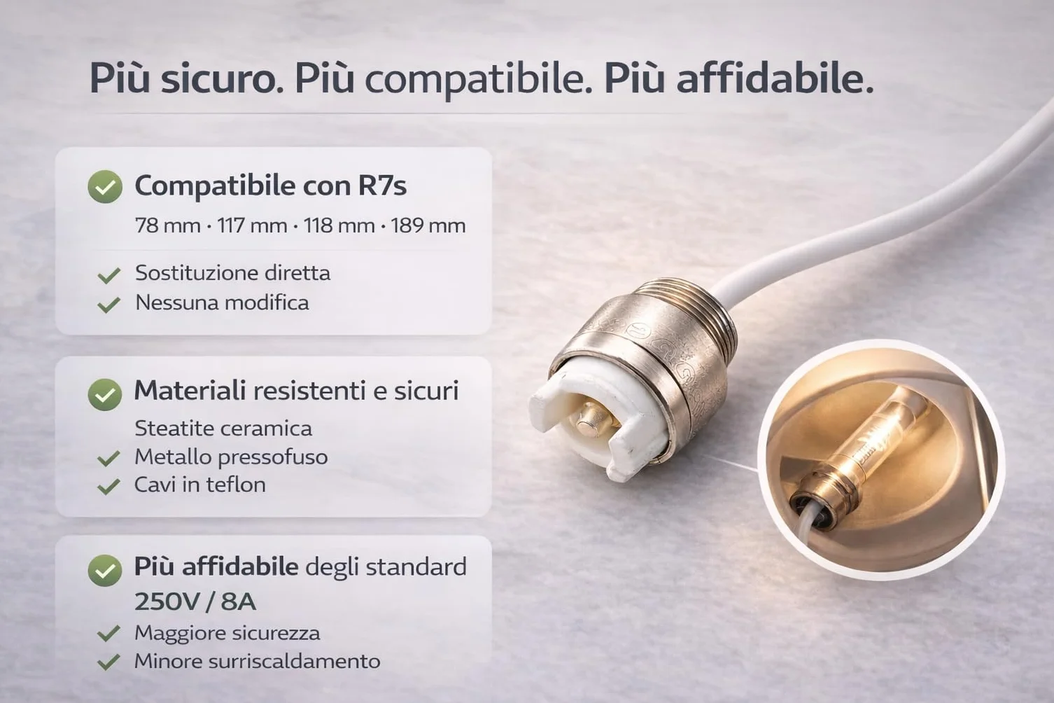 Portalampada R7s 78mm 118mm 189mm – Set 2 Ricambio per Lampade Piantana, Applique e Faretti – Attacco R7s in Steatite Alta Resistenza 250V 8A con Cavi 25cm in Teflon - Prometeo Electronics