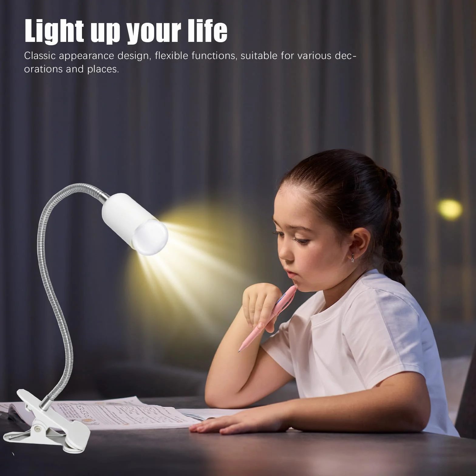 Portalampada E27, Lampada Pinza con Interruttore e Cavo Alimentazione 120 cm, 360° Regolabile Portalampada con Spina per Animali, Pianta Cresce, Lampada da Tavolo, Bianco (Senza Lampadina)