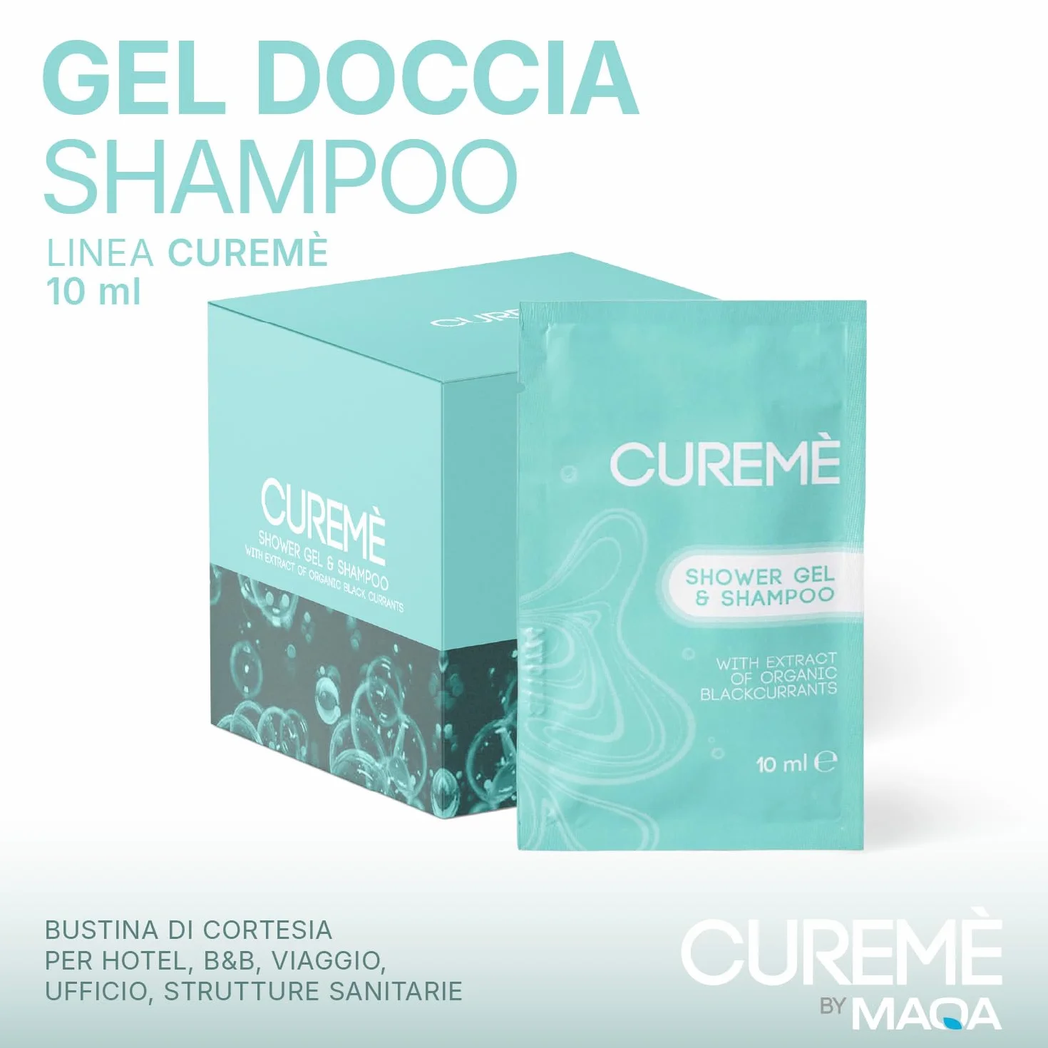 MAQA 100 Pezzi Doccia Shampoo Cortesia Monodose 10 ml Bustina Estratto Bio di Ribes Nero Eco-Friendly