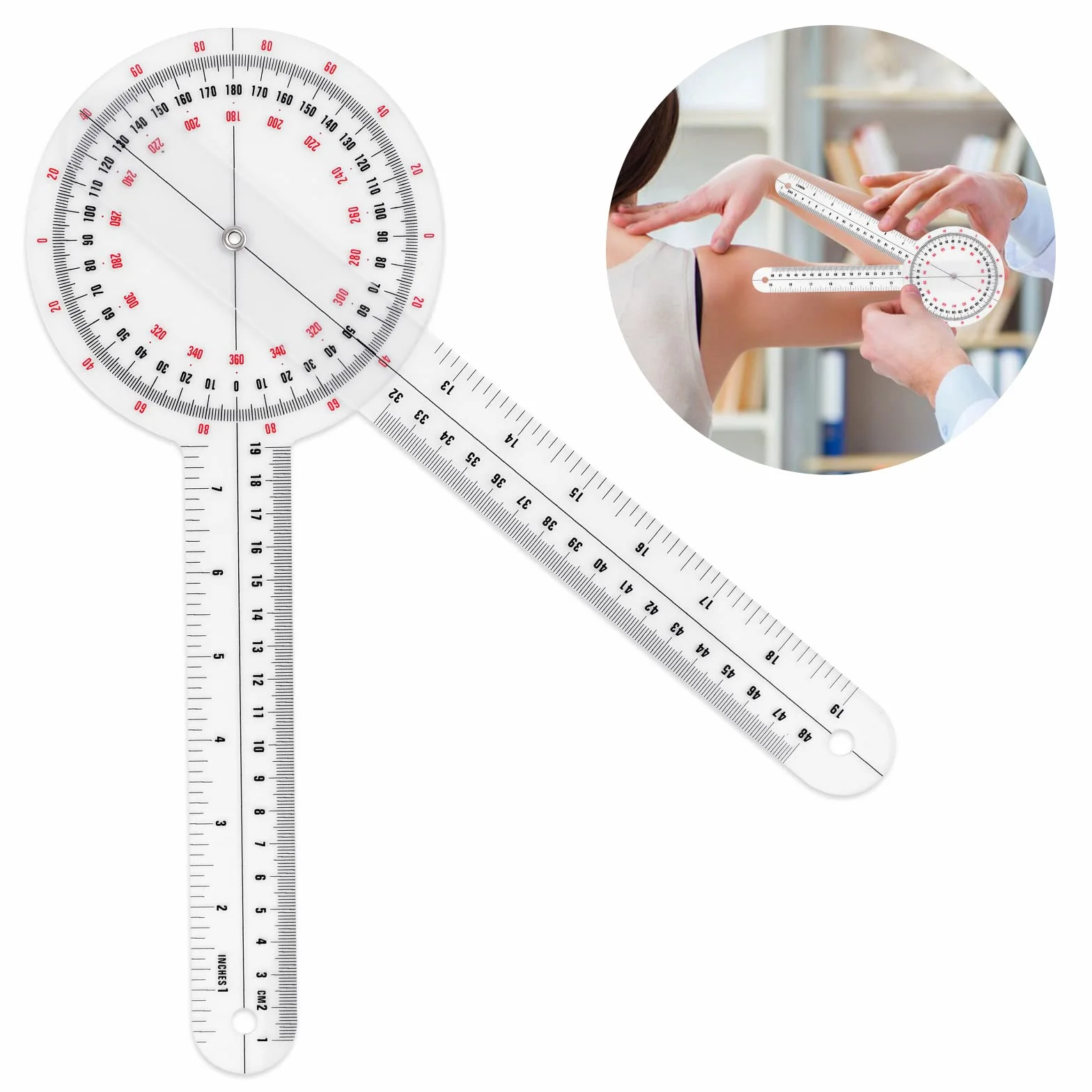 Prasacco Goniometro da 30 cm, goniometro in plastica trasparente con righello angolare ortopedico a 360 gradi goniometro goniometro per goniometro goniometro per nastro di misurazione del corpo