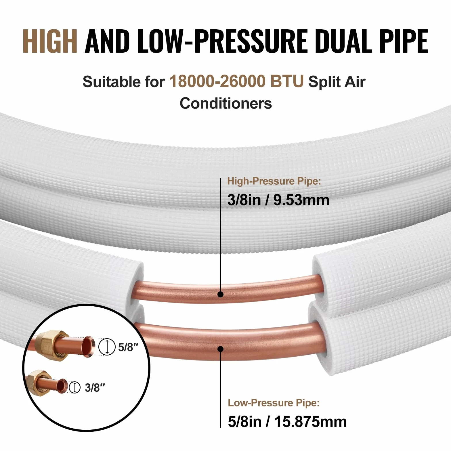 VEVOR 50FT Mini Split Line Set, tubi in rame con diametro esterno da 3/8" e 5/8" e isolamento per aria condizionata, refrigerante o pompe di riscaldamento e HVAC con strisce di avvolgimento.