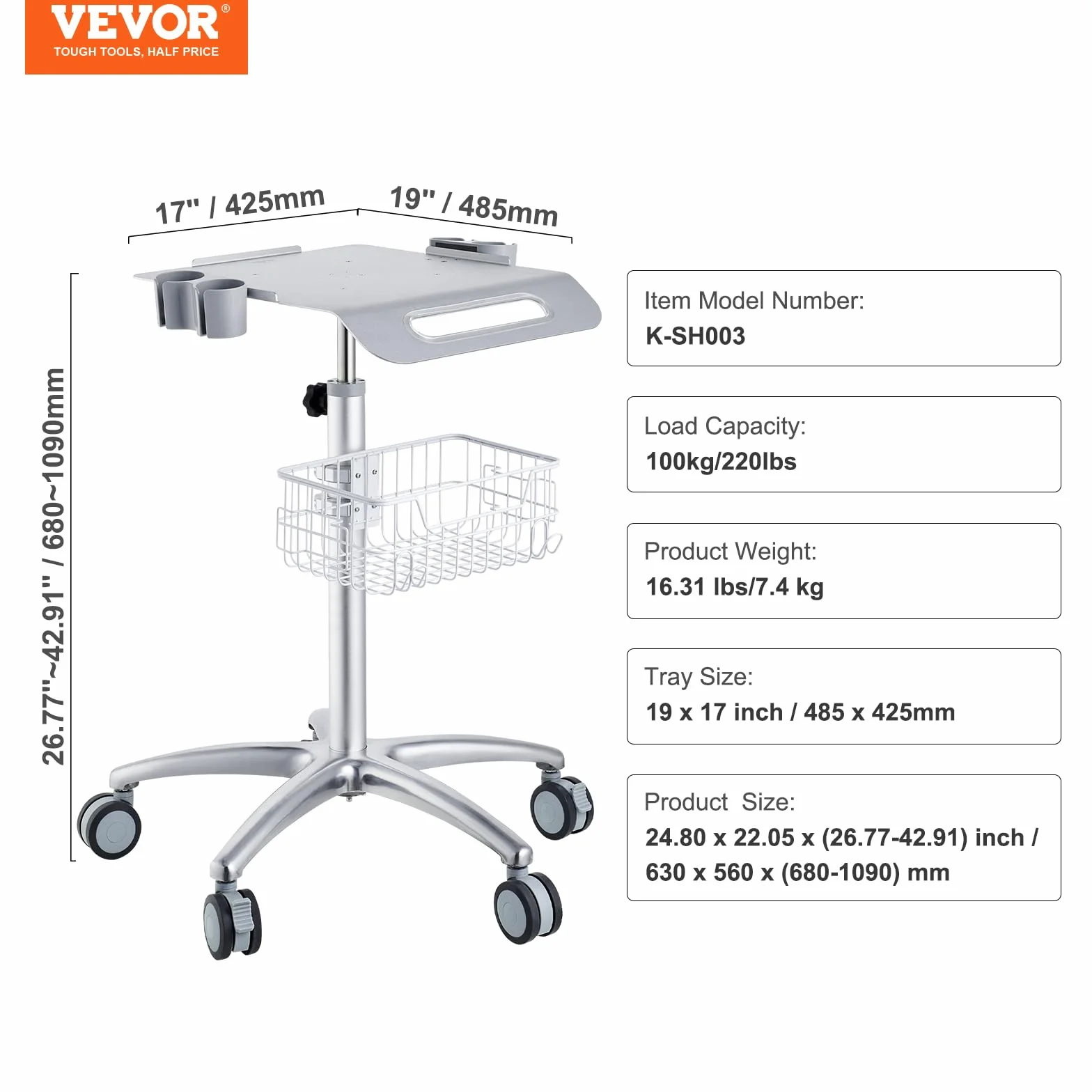VEVOR Carrello medico regolabile in altezza 26,77"-42,91" con rotelle per laboratorio clinica