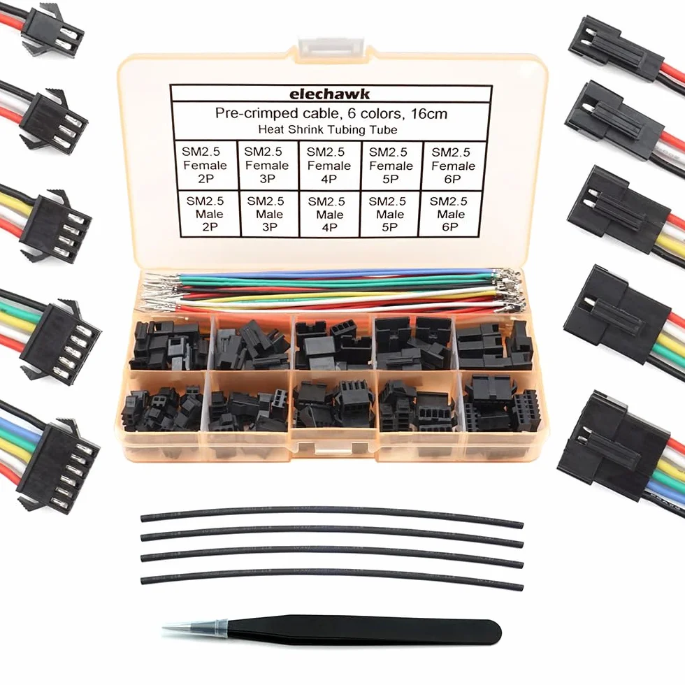 Connettori SM da 2,5 mm maschio femmina con cavi in silicone pre-crimpati da 22 AWG, compatibili con connettori JST SM da 2,5 mm, passo 2,54 mm, 2, 3, 4, 5, 6 pin, kit alloggiamento