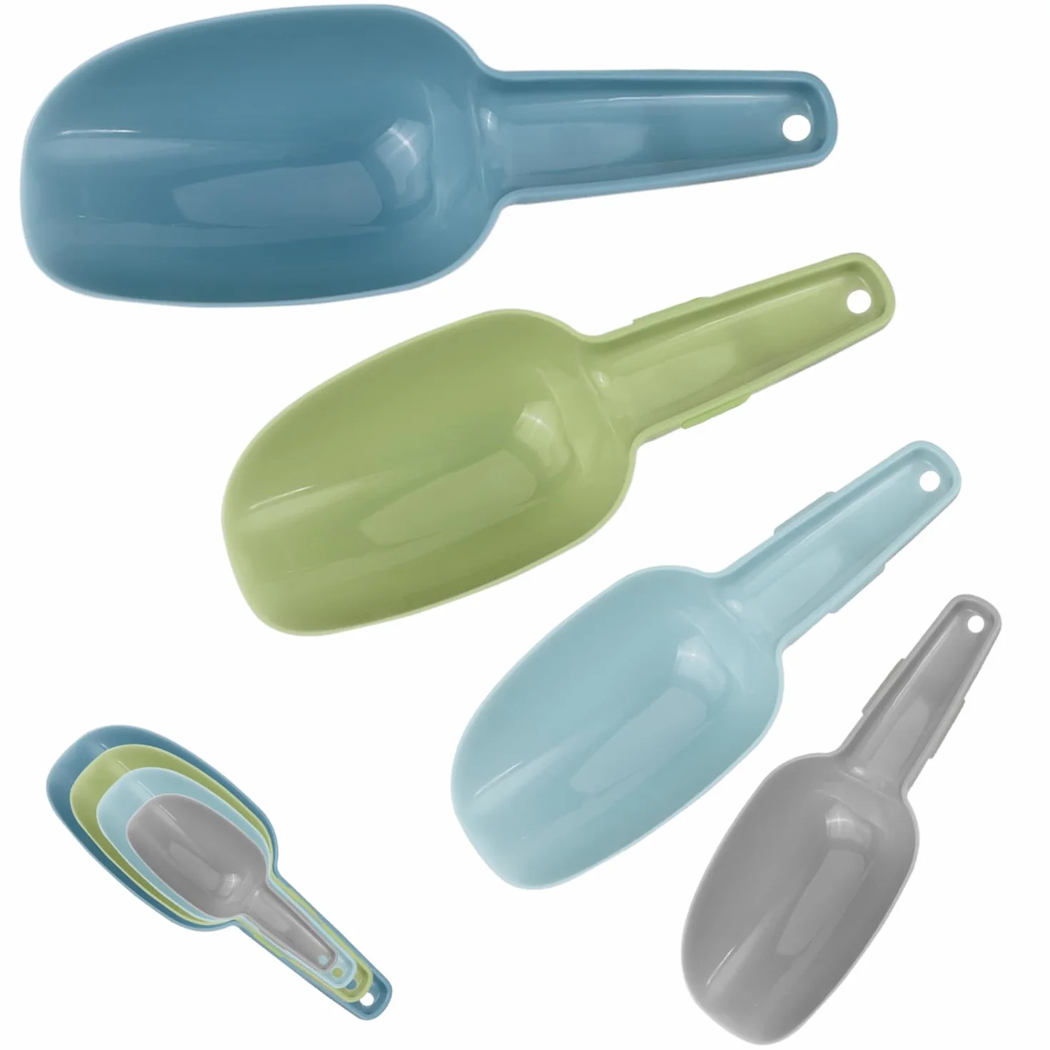 Set di 4 Ghiaccio Paletta Cucina Plastica, Paletta Cibo Cucchiaini Multiuso per Cucine, Bar, Buffet, Cereali, Farina, Grano, Noci, Spezie, Popcorn（50/100/150/250 ml）