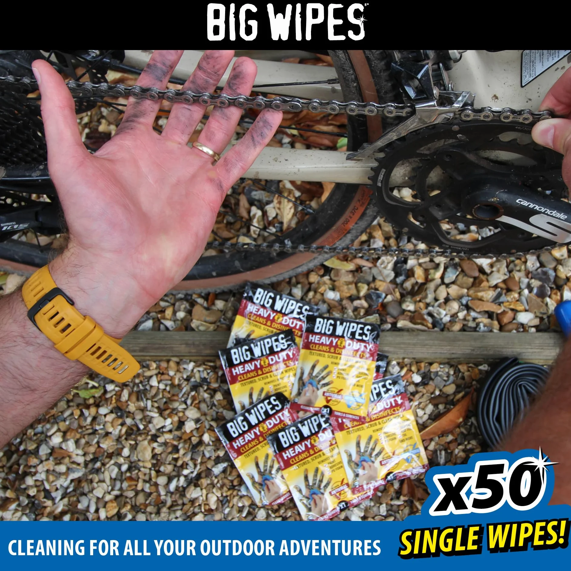 Big Wipes Heavy Duty Pro+ Salviette per le mani x50 bustine singole, rimuove vernice, olio, schiuma PU, adesivi, aloe vera, vitamina E, salviette professionali bifacciali