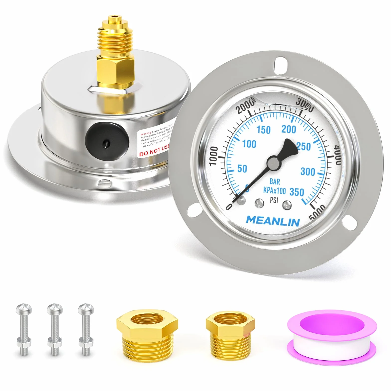 MEANLIN MEASURE 0~350BAR/0~5000PSI Manometro riempito di liquido Montaggio a pannello della flangia anteriore, 1/4" BSP 2.5"FACE DIAL Cassa in acciaio inox con vite e dado Phillips, +/-3-2-3%