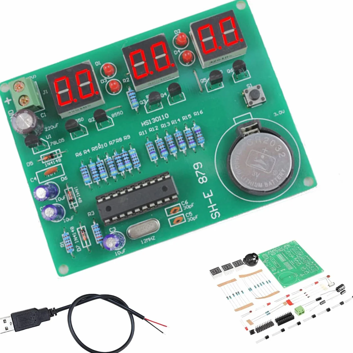 AT89C2051 6 Kit Orologio Digitale LED Orologio Elettronico Kit Fai da Te 9V-12V Display Tubo Digitale LED con USB Maschio 2 Core per Gli Appassionati di Elettronica della Scuola Professionale
