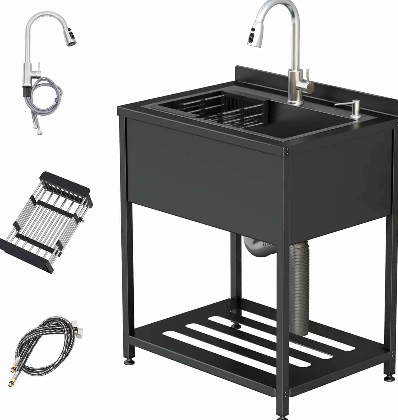 Lavello da cucina in acciaio inox, 1 vassoio professionale, 65 x 52 x 100 cm, indipendente con rubinetto e accessori, lavello esterno e interno, immersione in acciaio inox per cucina