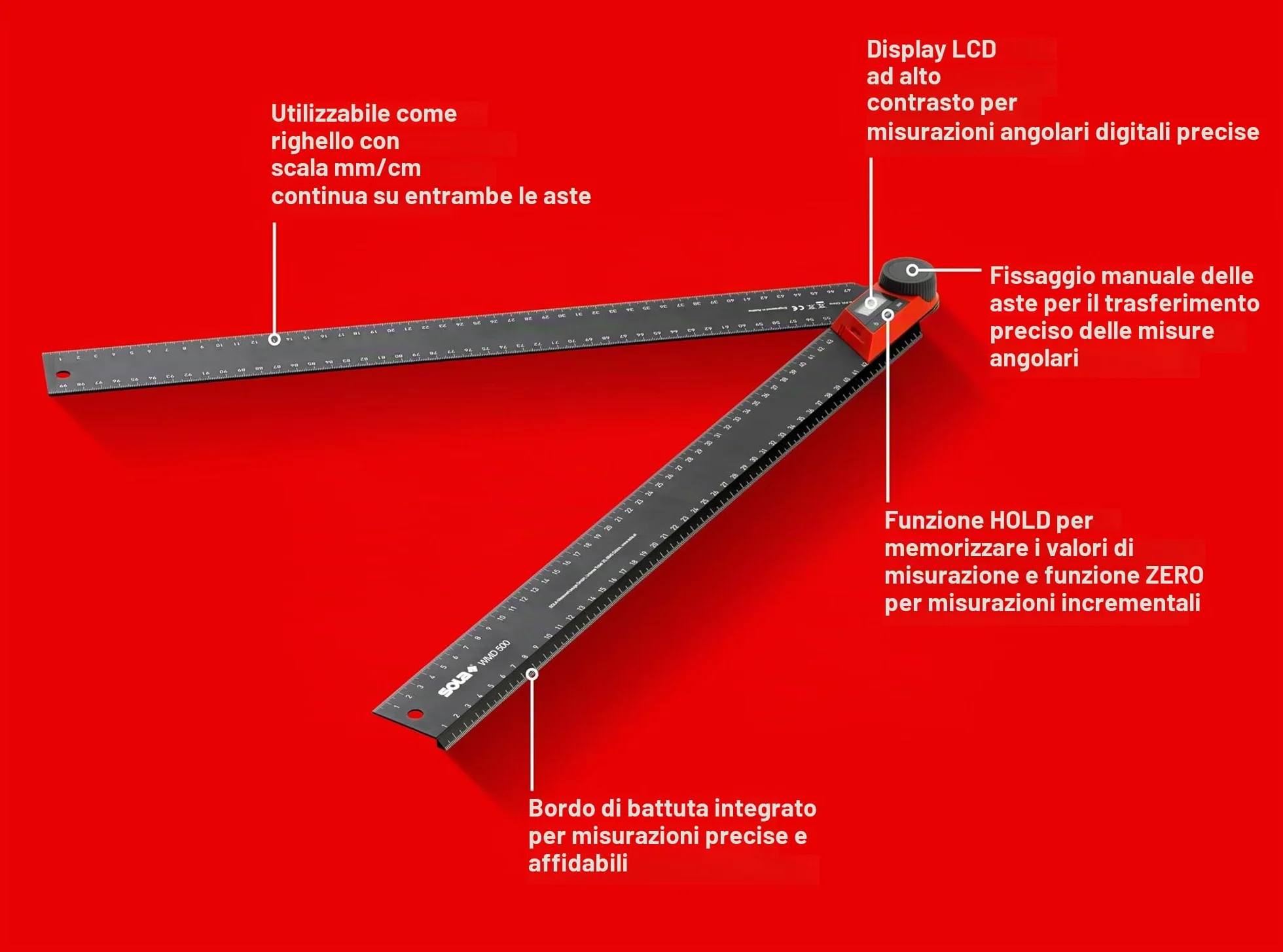SOLA WMD 500 - Goniometro digitale LCD - Lunghezza 500 mm - Angolo di arresto - Falegname digitale - Righello per lavorazione