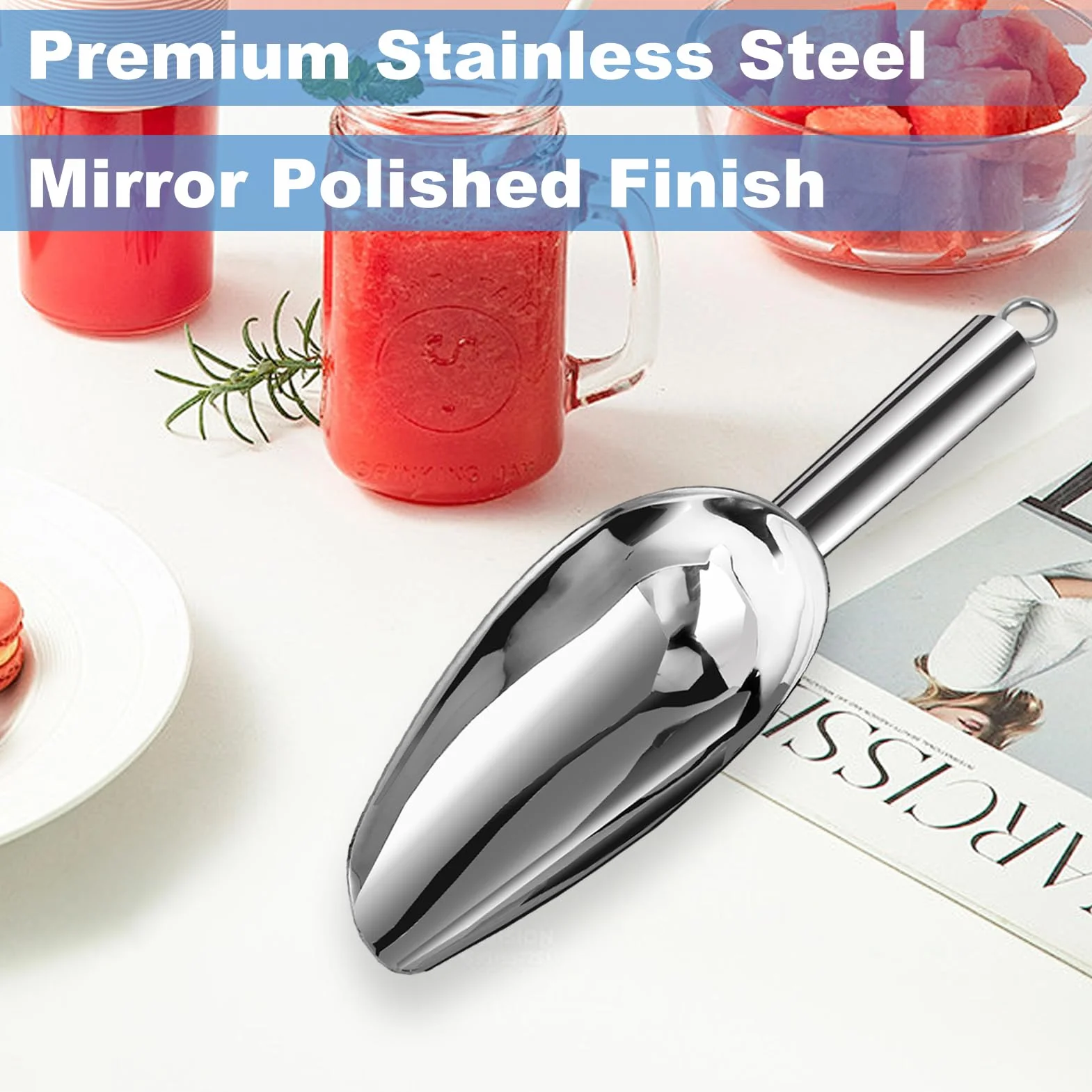 Paletta per ghiaccio in acciaio inox ispessito con gancio, 170 g, 20 cm, utensile da cucina multiuso per ghiaccio, farina, zucchero e altro ancora