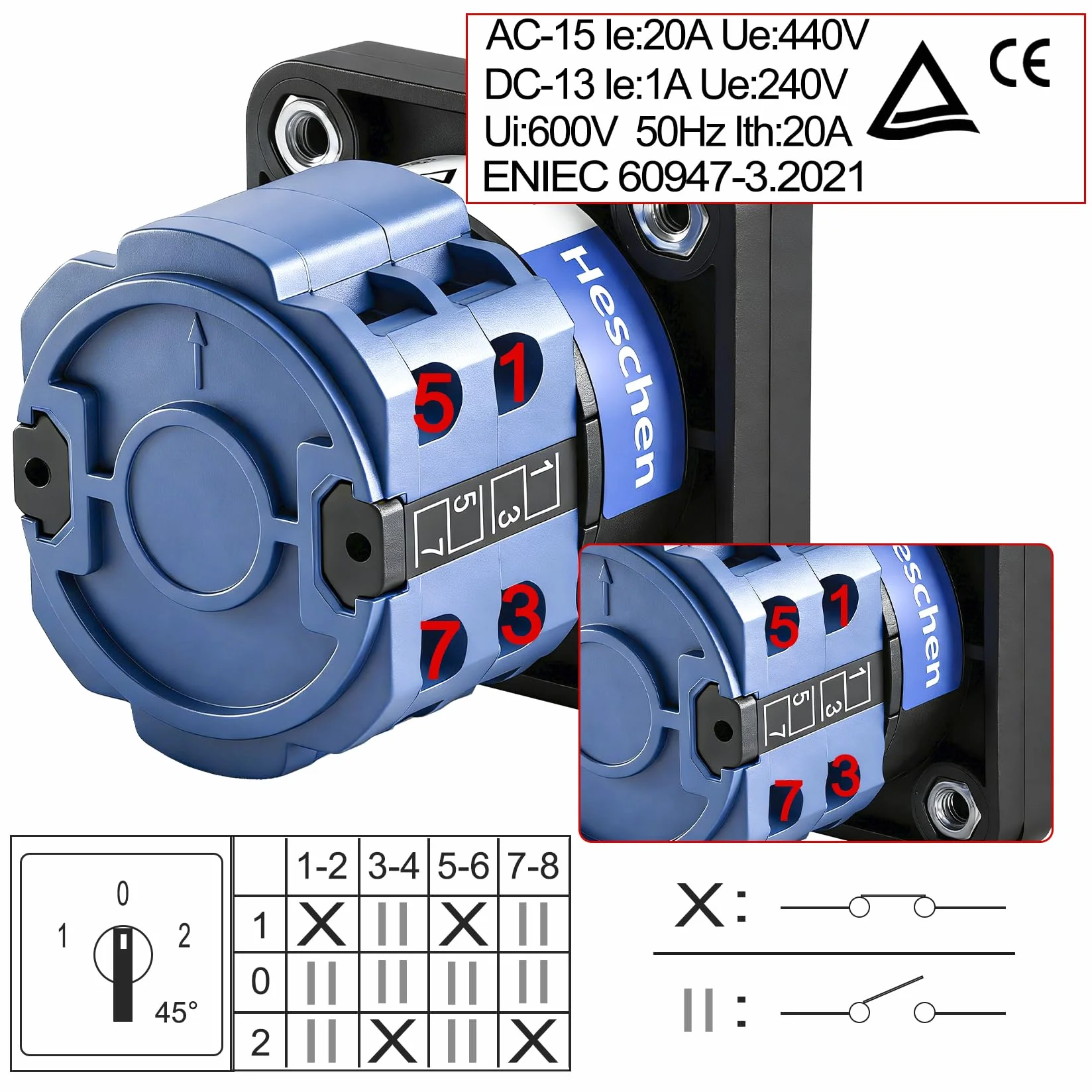 Heschen Commutatore selettore a camma rotante universale SZW26-20/D202.2 660V 20A ON-OFF-ON 3 posizioni 2 fasi 8 Morsetti CE