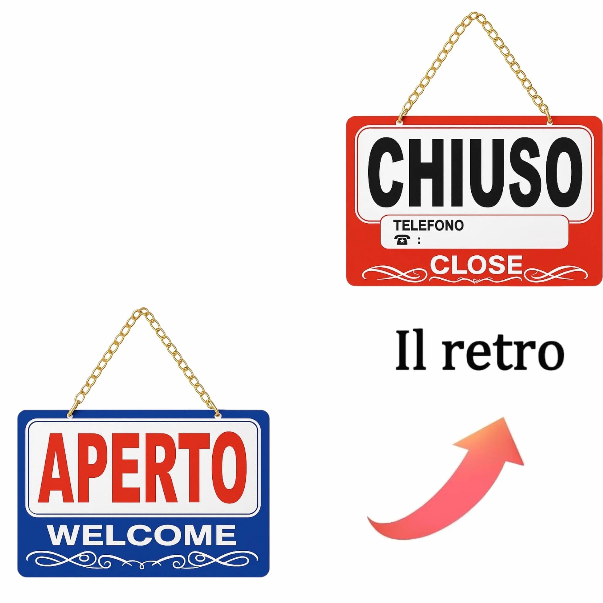 Topolenashop Cartello Aperto Chiuso Reversibile 29x19 cm – Insegna Bilingue Open Close per Negozi, Bar e Ristoranti – Cartello da Appendere con Catena Dorata per Porta e Vetrina ART.689388