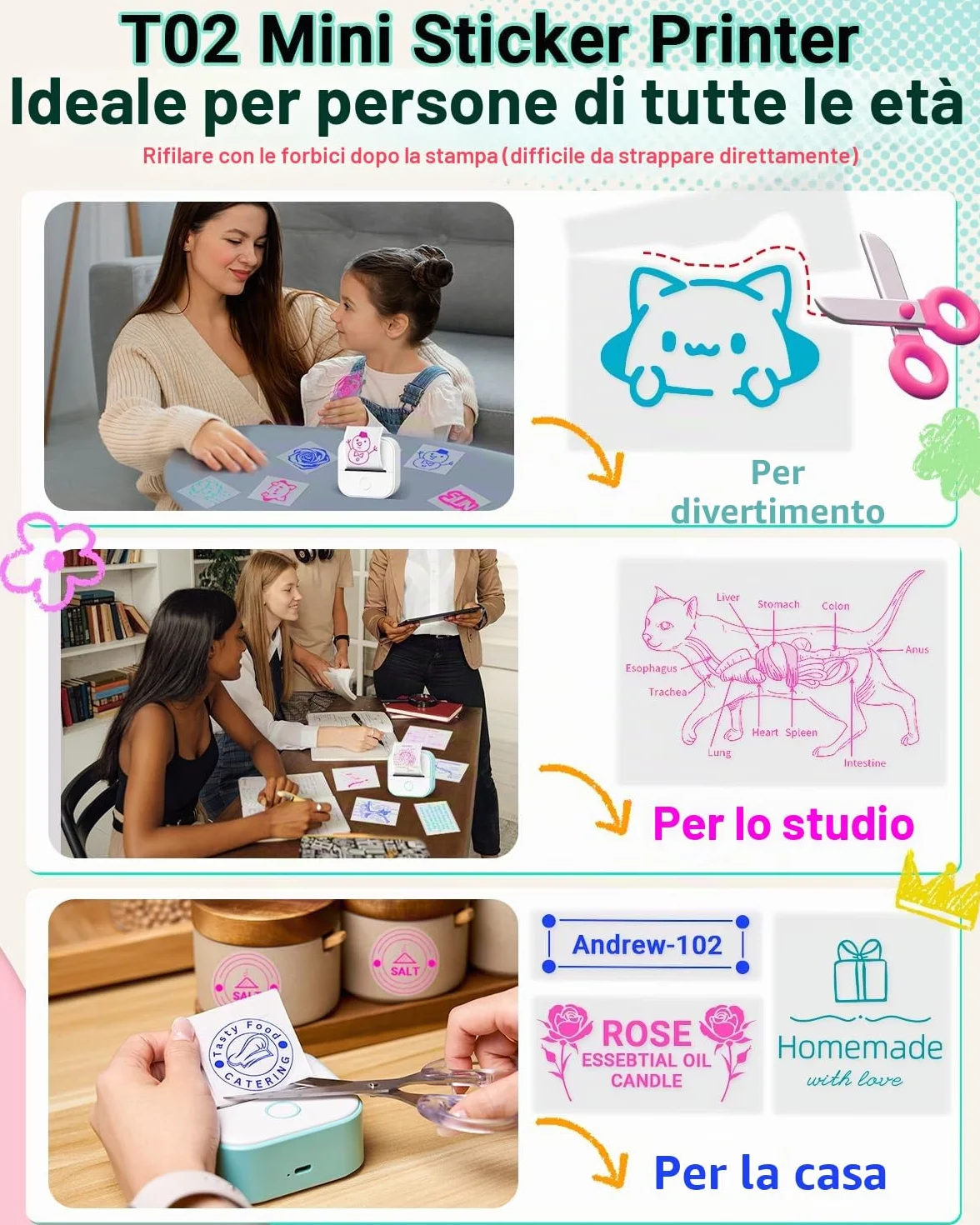 Memoking Mini Stampante Termica - T02 Stampante Termica Portatile Bluetooth Print Pods Portable Mini Printer per Grafici di Studio, l'apprendimento, Appunti di Studio, Diagrammi Anatomici, Foto,Regalo