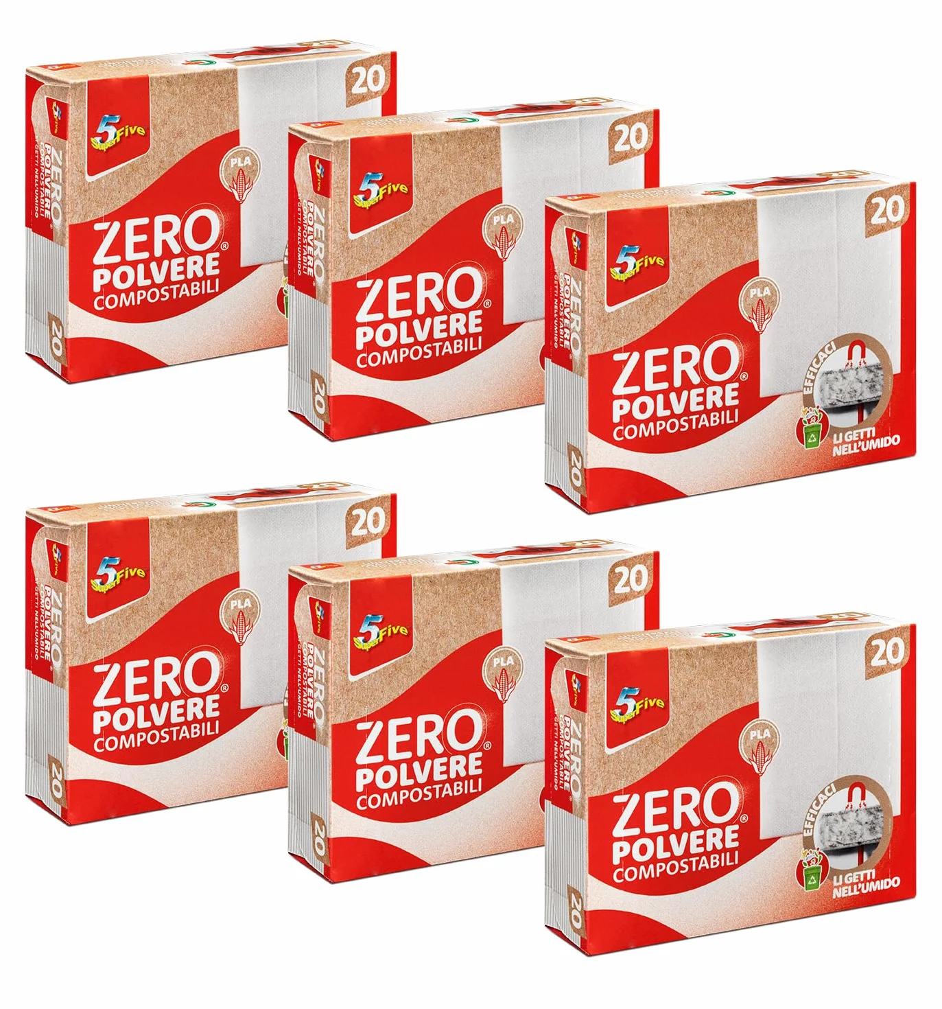 SUPERFIVE, Zero Polvere, Panni Microfibra Compostabili in PLA, Cattura polvere, Gettabili nell'Umido, 20 Panni x 6 Pack (120 Pezzi)