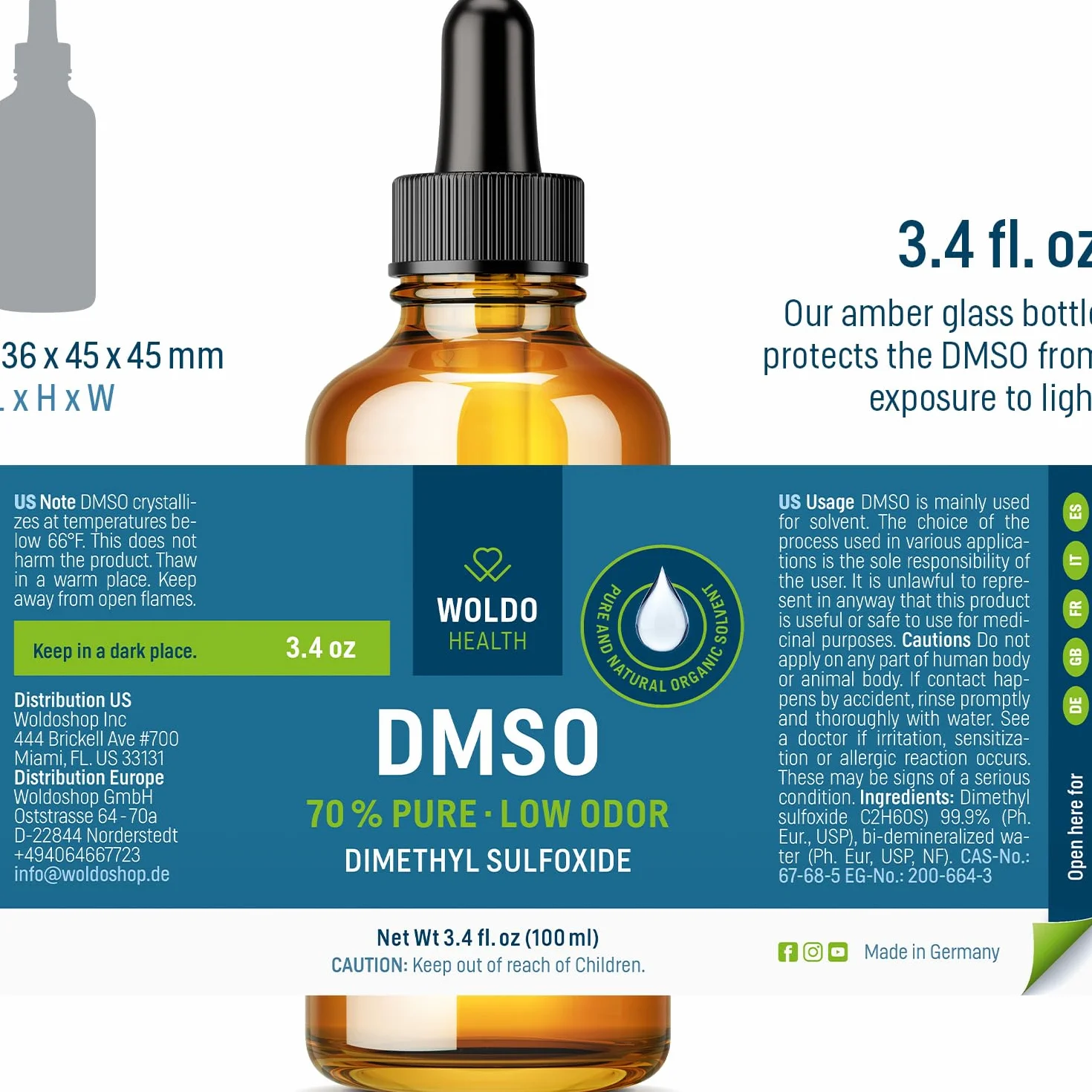 DMSO 70% con acqua demineralizzata 30% - Dimetilsolfossido qualità farmaceutica 100 ml con pipetta e tappo contagocce