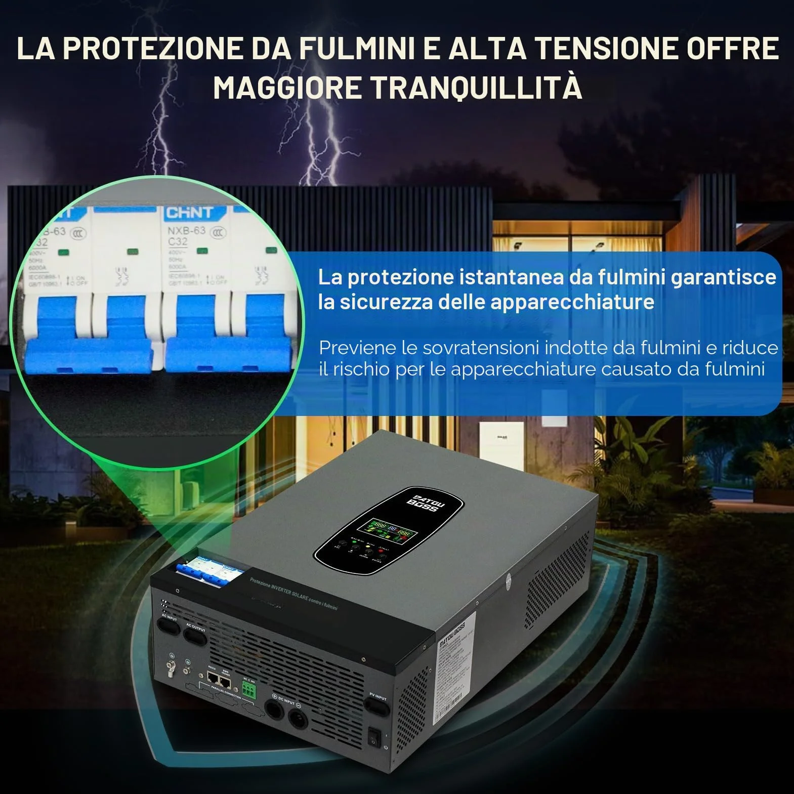 DATOUBOSS Inverter solare ibrido da 6200 W, 48 VDC a 230 V, inverter sinusoidale puro con 120 A, ingresso fotovoltaico da 8500 W, supporta il sistema di protezione BMS, per batterie al litio da 48 V.
