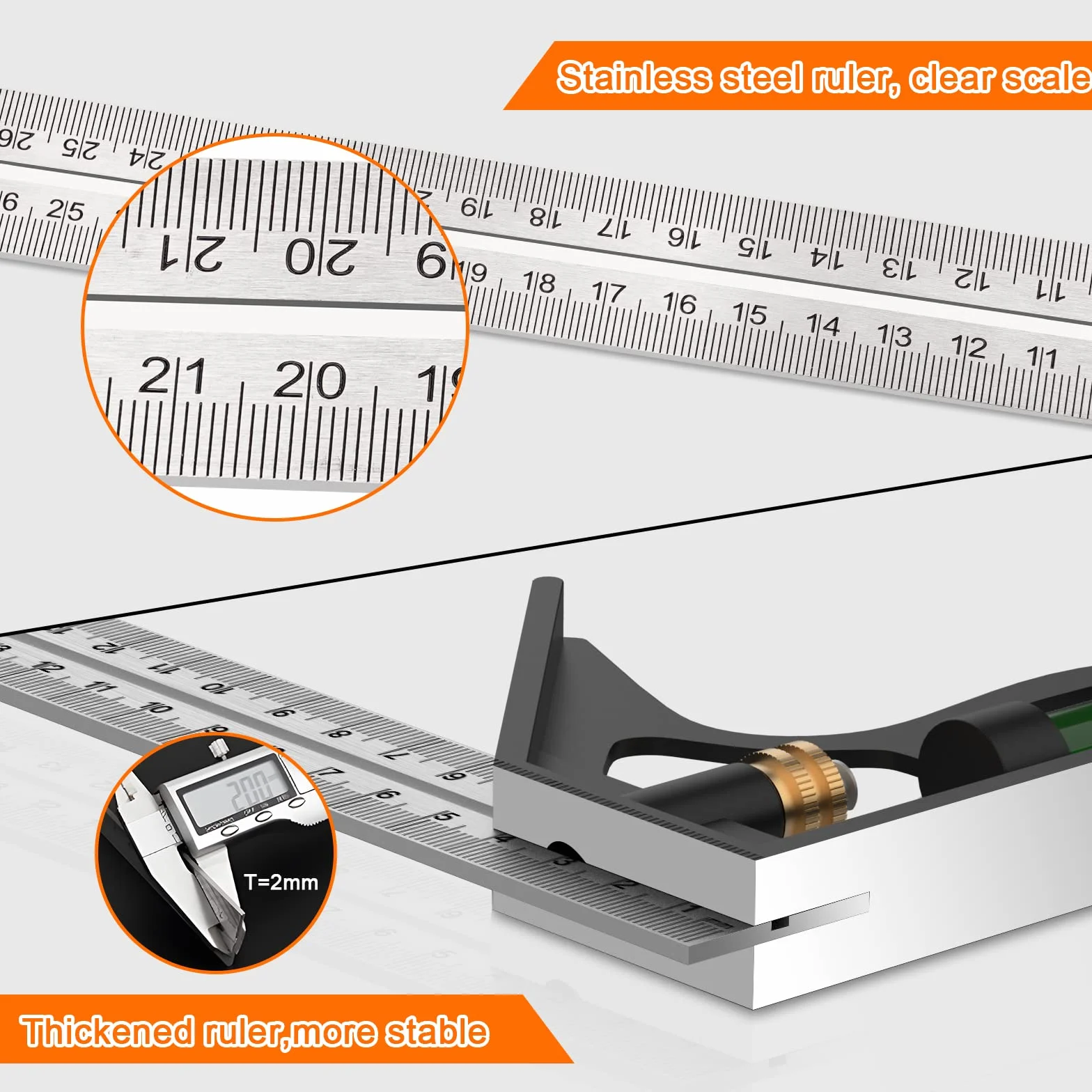 Squadra Combinata Regolabile in Acciaio Inossidabile 300 mm 45/90 Gradi con Livella a Bolla