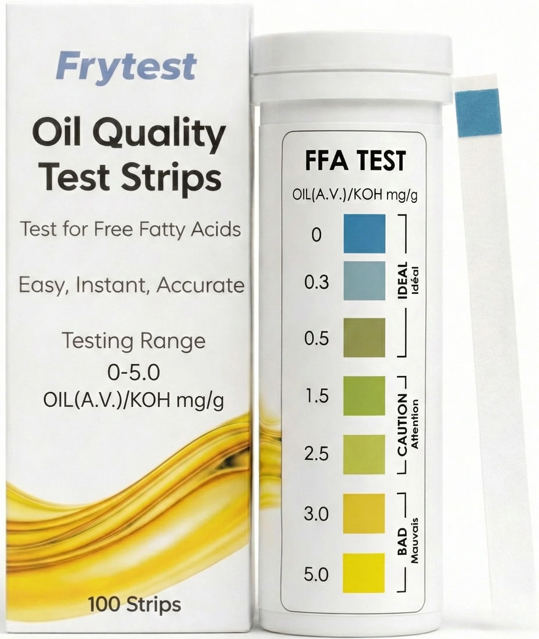 Strisce Test Olio Frittura FFA – Misuratore Acidità Olio (anche Olio di Oliva) – Controllo Qualità HACCP – 100 Strisce – Produzione Certificata ISO 9001