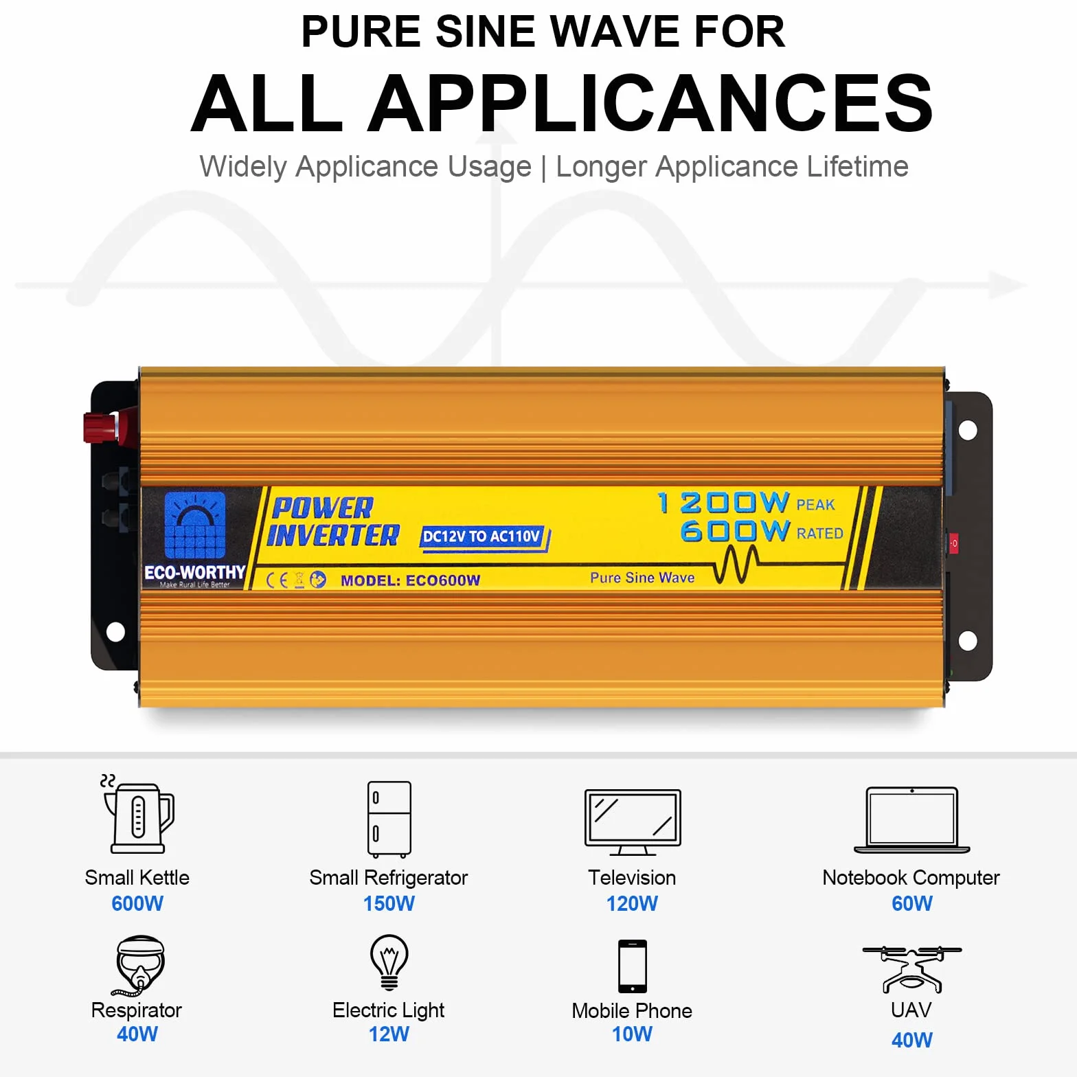 ECO-WORTHY Invertitore a energia solare da 600 W, 12 V, DC 12 V, AC 220 V, onda sinusoidale per auto, camper, caravan, campeggio e sistemi solare