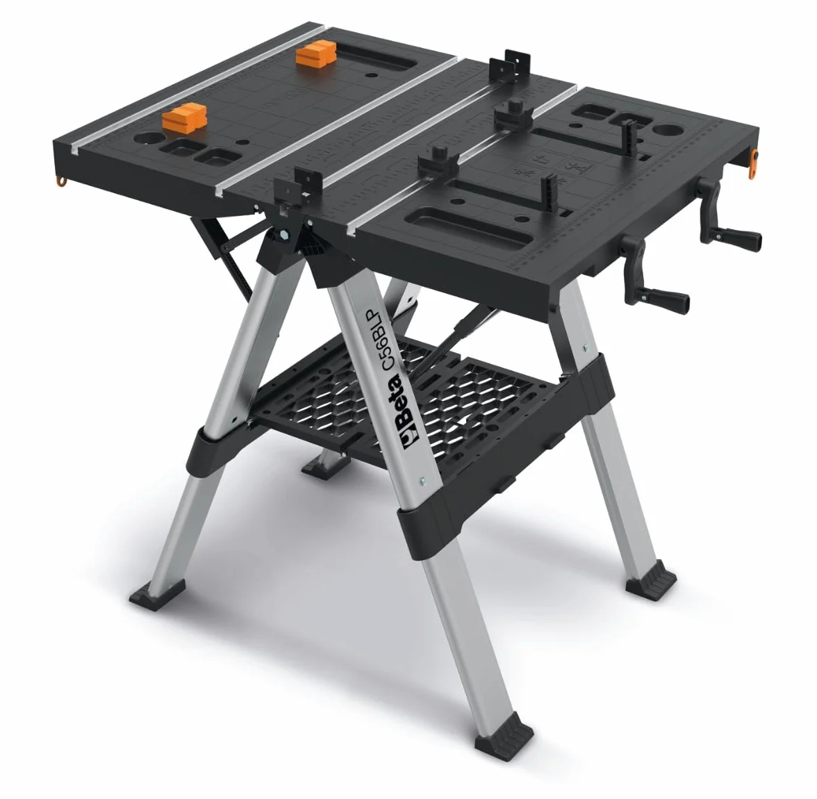 BETA - Banco da Lavoro Pieghevole Multiuso con Piano 820x630 mm e Gambe Telescopiche Regolabili, Banco Professionale Portatile con Morsetti per Officina Garage Fai da Te e Manutenzione, C56BLP