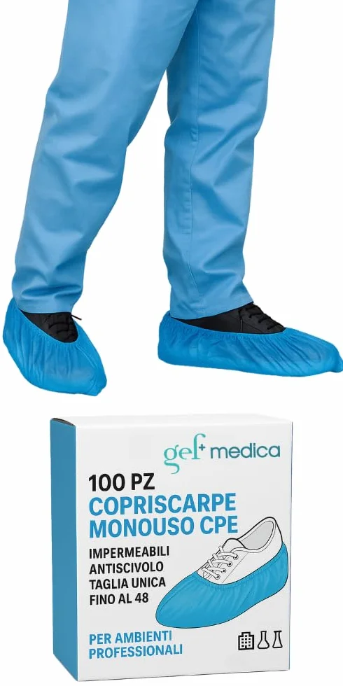 GEF Medica 100 Copriscarpe Monouso CPE Cucitura a Macchina 50 Paia Impermeabili Antiscivolo Taglia Unica Fino al 48