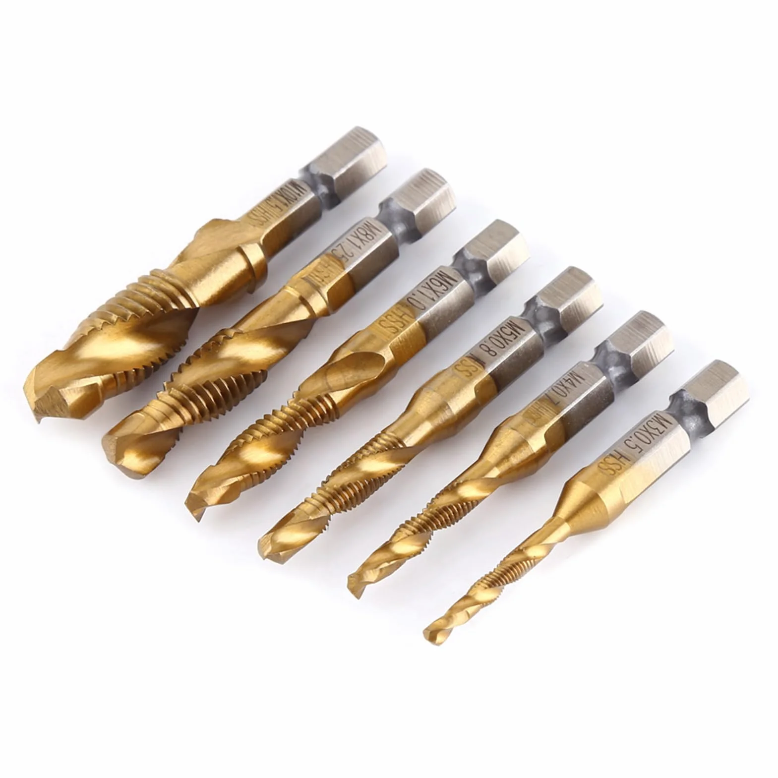 Set di 6 punte per trapano e maschiatura, filettatura metrica M3-M10, codolo esagonale 6 mm HSS placcato in titanio