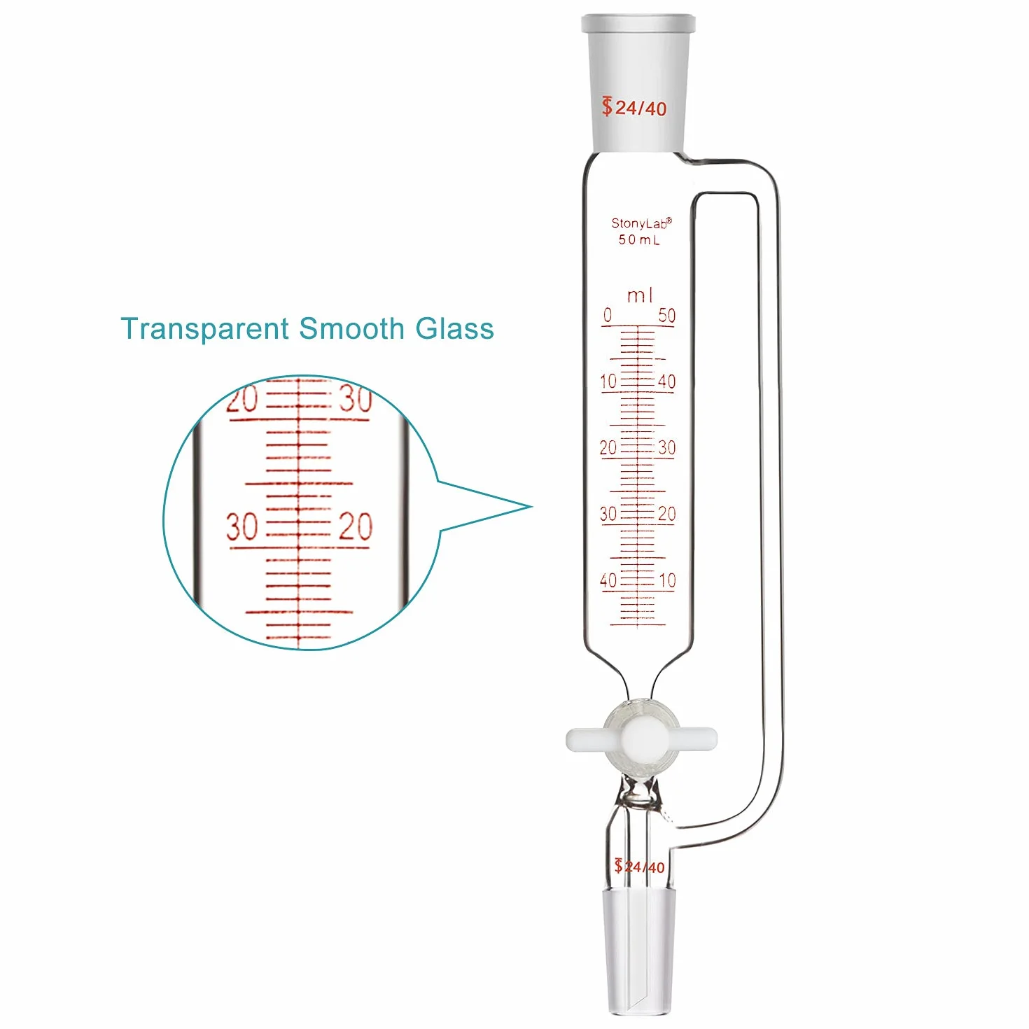 stonylab Imbuto Graduato a Pressione Bilanciata, Addition Funnel Dropping Funnel Imbuti Gocciolatori in Vetro Borosilicato con Tappo di Arresto in PTFE per Laboratorio (24/40 Joint, 50 ml)