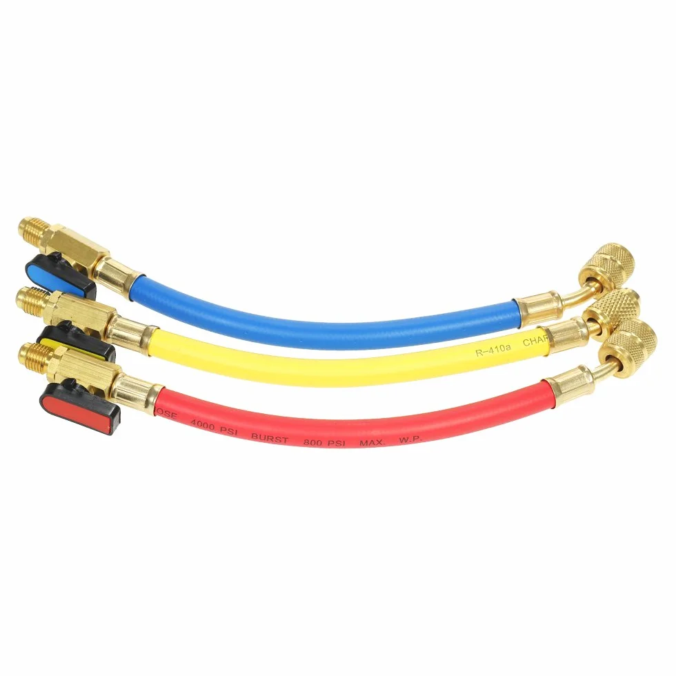 Set di 3 manometri R410A R22 R12 800 PSI Manifold Set A/C tubo di ricarica refrigerante ad alta pressione HVAC tubi di ricarica con valvola a sfera