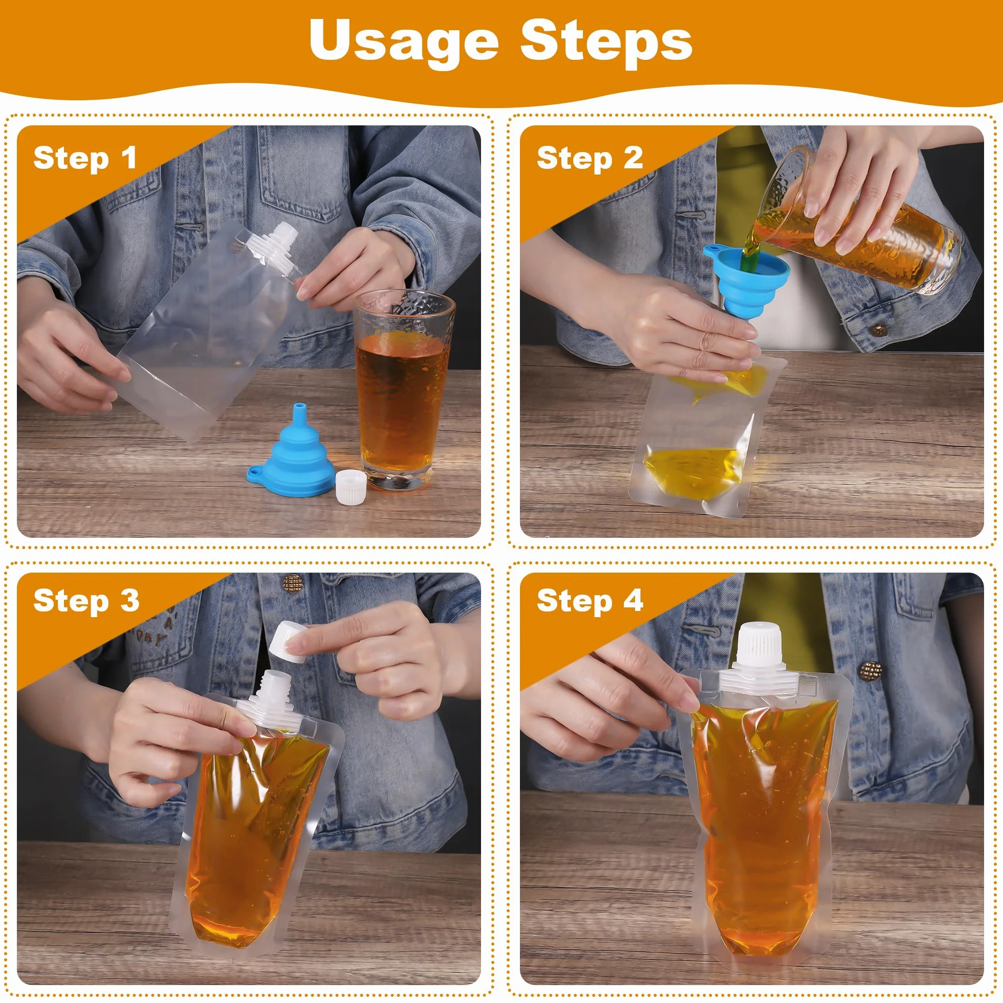 30 Pezzi Sacchetti per Bevande 250ml, Sacchetto per Bevande Usa e Getta con 2 Imbuti in Silicone, Saccheti Portatili per Liquidi, Sacchetti per Alcolici per Feste, Picnic, Viaggi, Sport