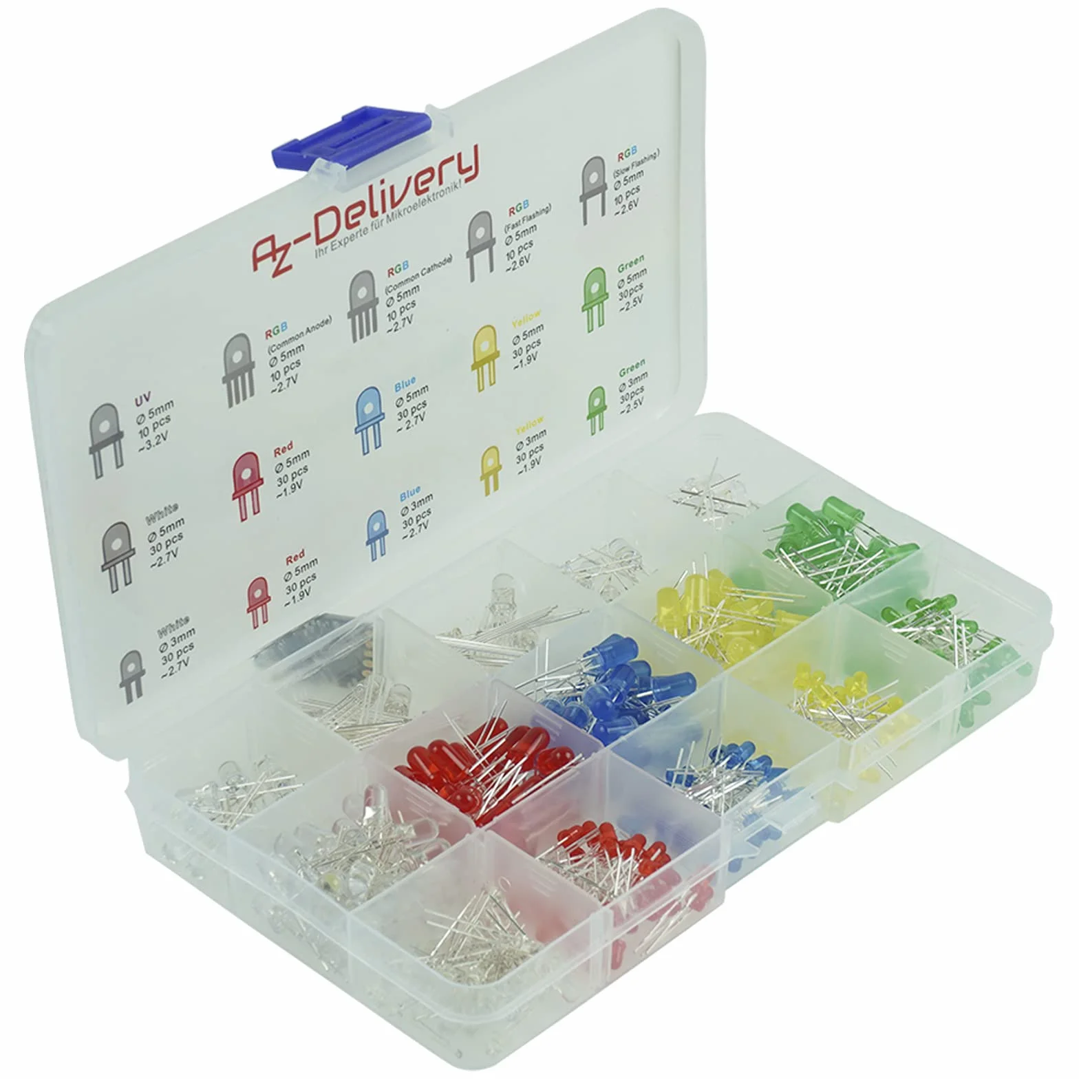 AZDelivery Kit Diodi a Emissione di Luce a LED, 350 pezzi, 3mm e 5mm, 5 Colori, Diodo Circolare Emettitore LED Set, UV RGB CC/CA compatibile con Arduino incluso un E-Book!